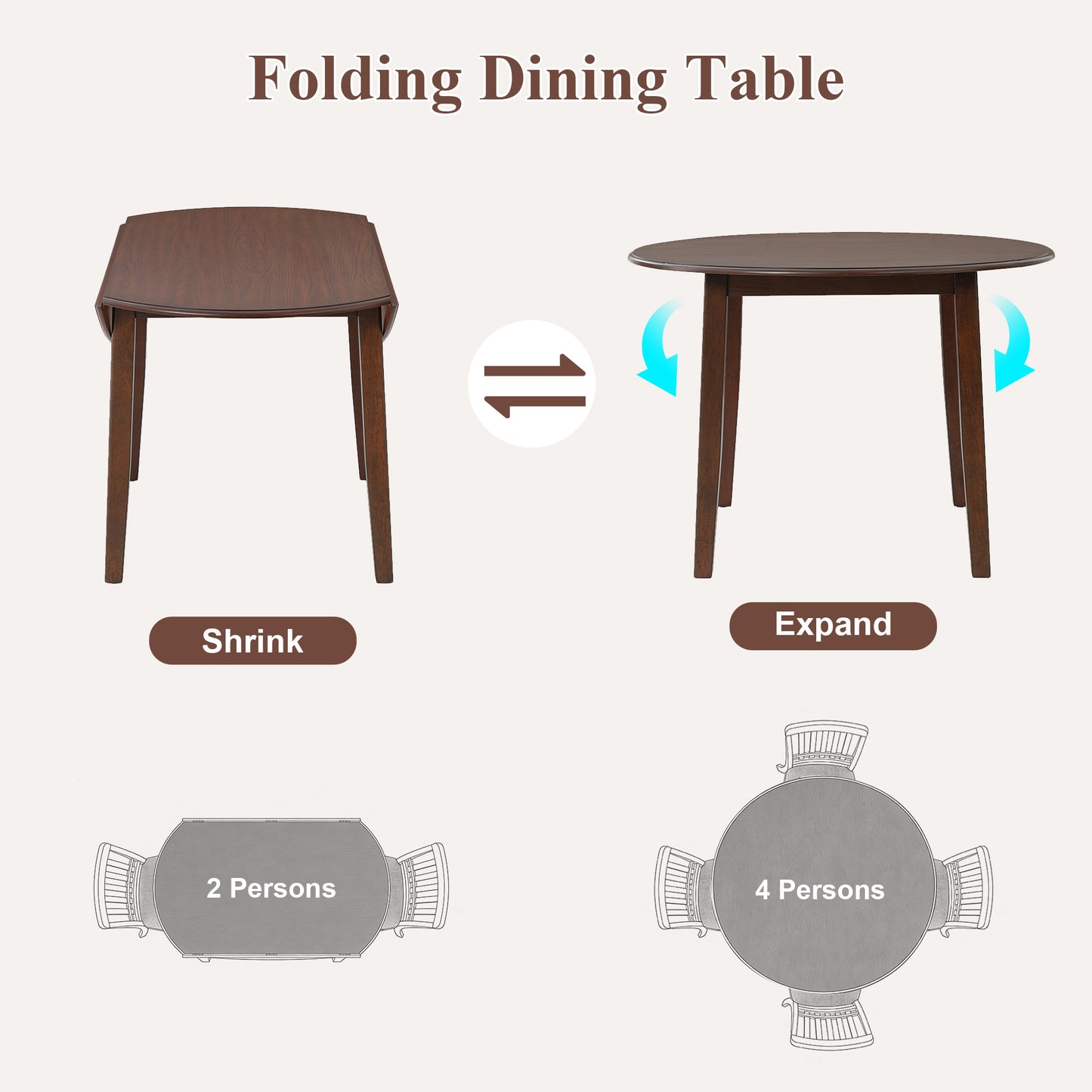 Drop Leaf Dining Table, Legahome 42" Extendable Round Kitchen Table for 4, Solid Wood Folding Dining Table, Dining Room Table Dinner Table for Kitchen, Breakfast Nook,