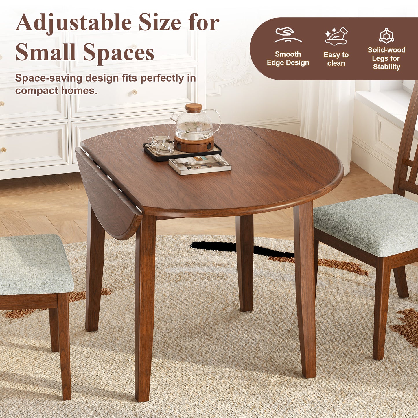 Drop Leaf Dining Table, Legahome 42" Extendable Round Kitchen Table for 4, Solid Wood Folding Dining Table, Dining Room Table Dinner Table for Kitchen, Breakfast Nook,