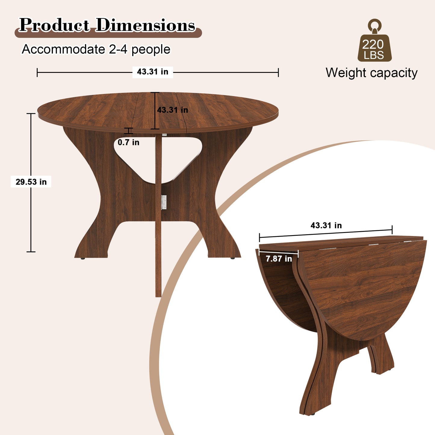 Folding Dining Table, Legahome 43" Round Kitchen Table for 4, Space Saving Foldable Wooden Dining Table, Compact Expandable Dinner Table for for Small Spaces, Apartment & Dining Room
