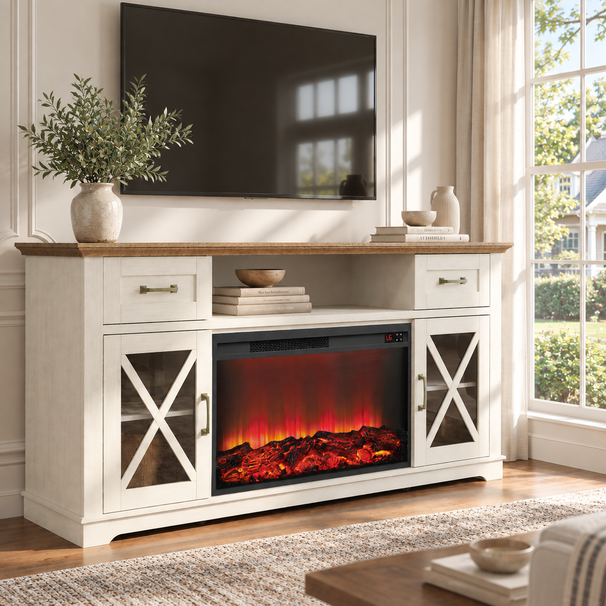 LEGAHOME White 63" Fireplace TV Stand for 70" TVs, Farmhouse Electric Entertainment Center with 30" Fireplace, 2 Drawers, 2-Glass Door, for Living Room, Bedroom, Brown Tabletop&White Caninet