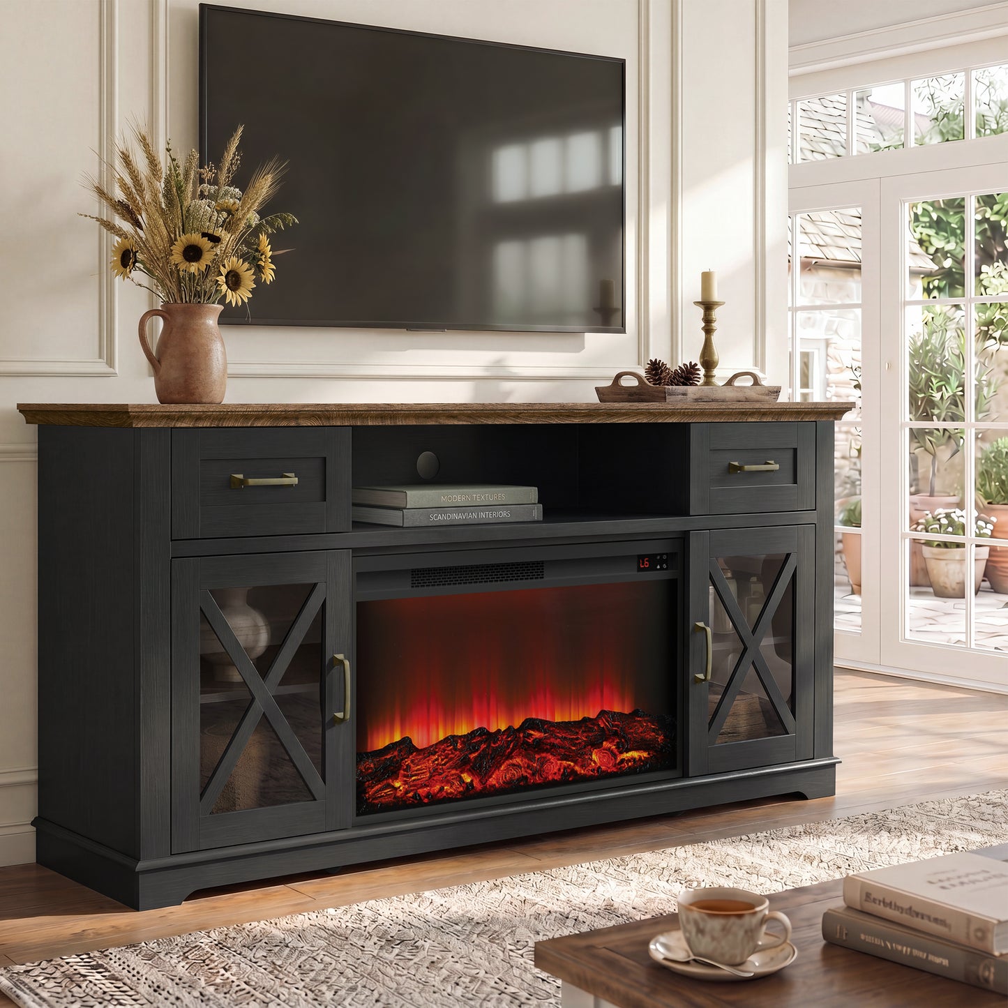 Fireplace TV Stand for 70inch TVs, LEGAHOME Modern 63" TV Stand with 30" Fireplace, Entertainment Center with Storage Drawers, Brown Tabletop and White Cabinet