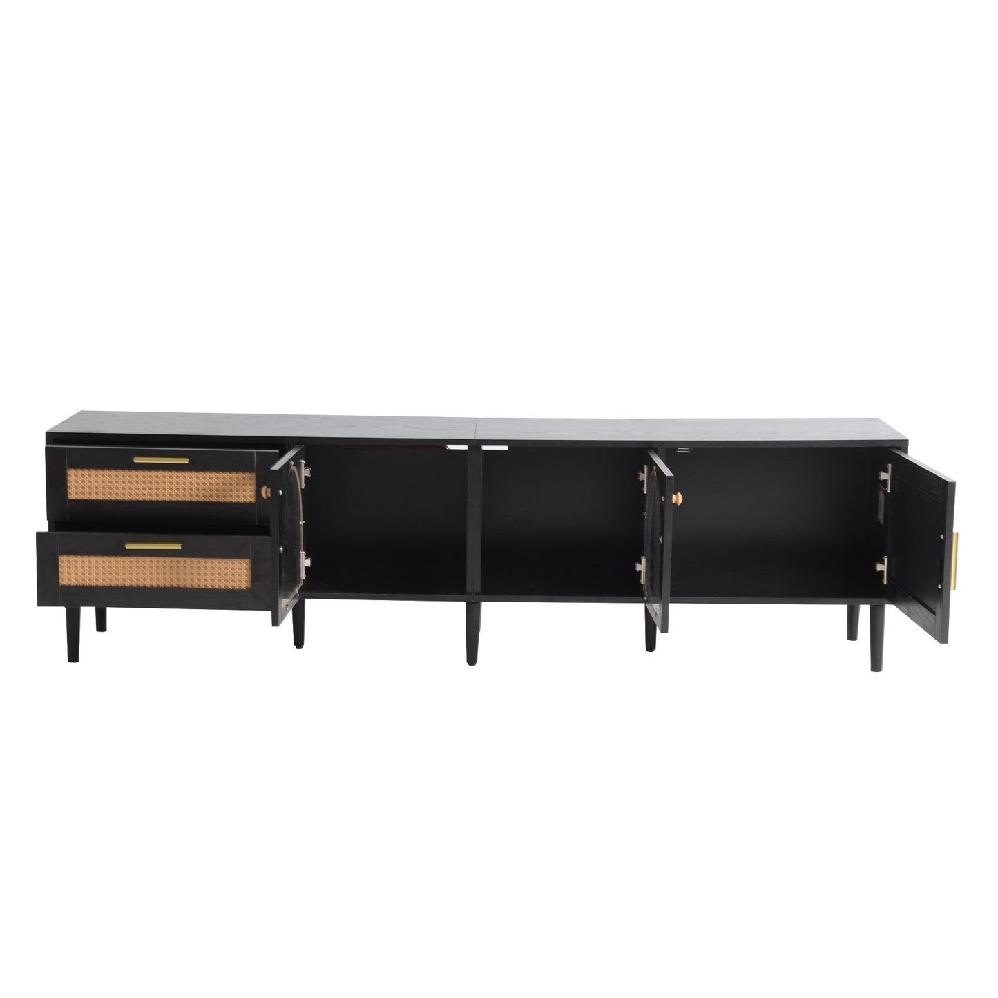 PORKISS TV Stand for 80 Inch TV, Modern TV Cabinet with Glass Doors and 2 Storage Drawers, Wood Top, Media Console Table Entertainment Center for Living Room, Black