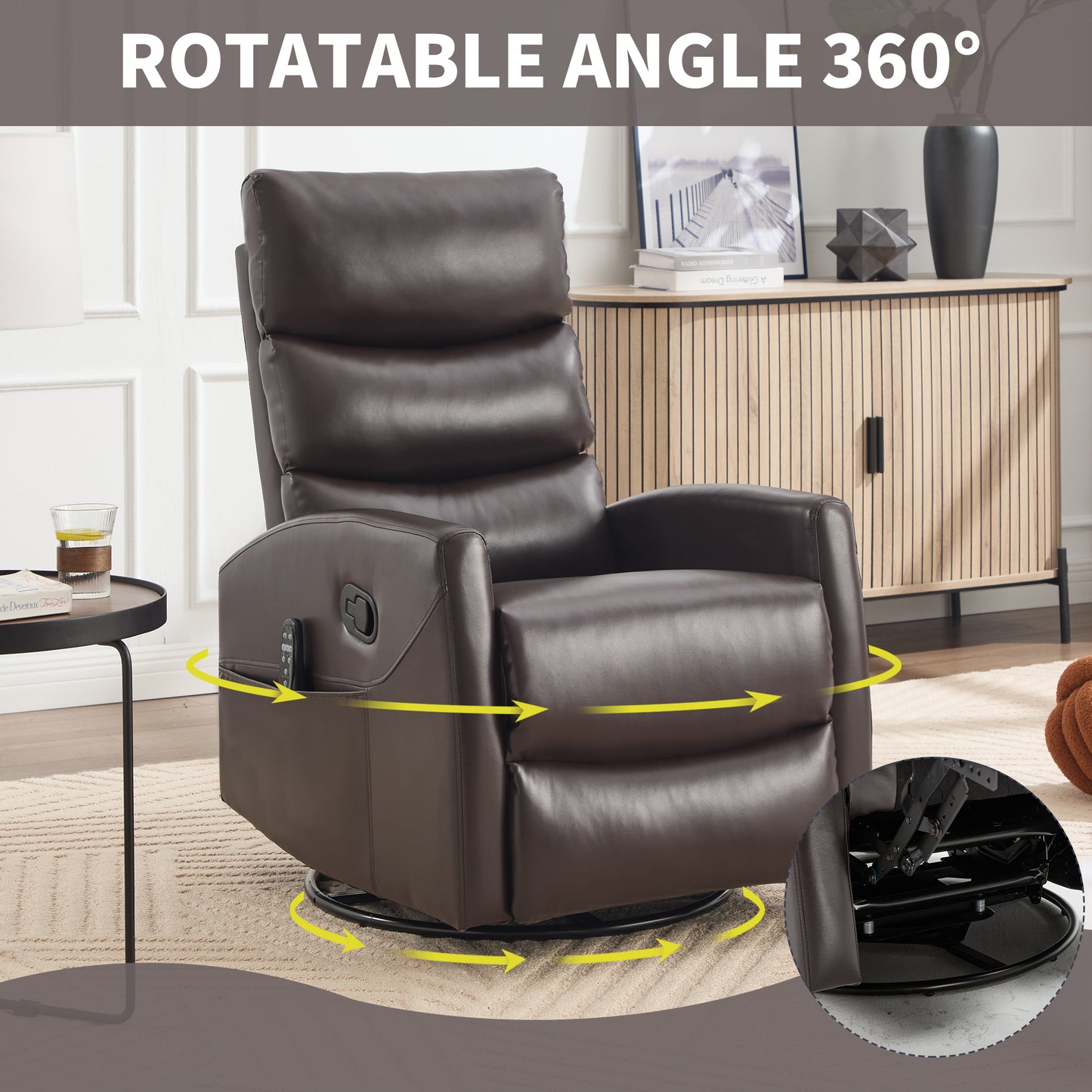 Swivel Rocker Recliner, 360° Swivel Glider Chair with Heat and Massage, Manual Recliner Nursery Chair with Side Pockets for Living Room, PU Leather, Red