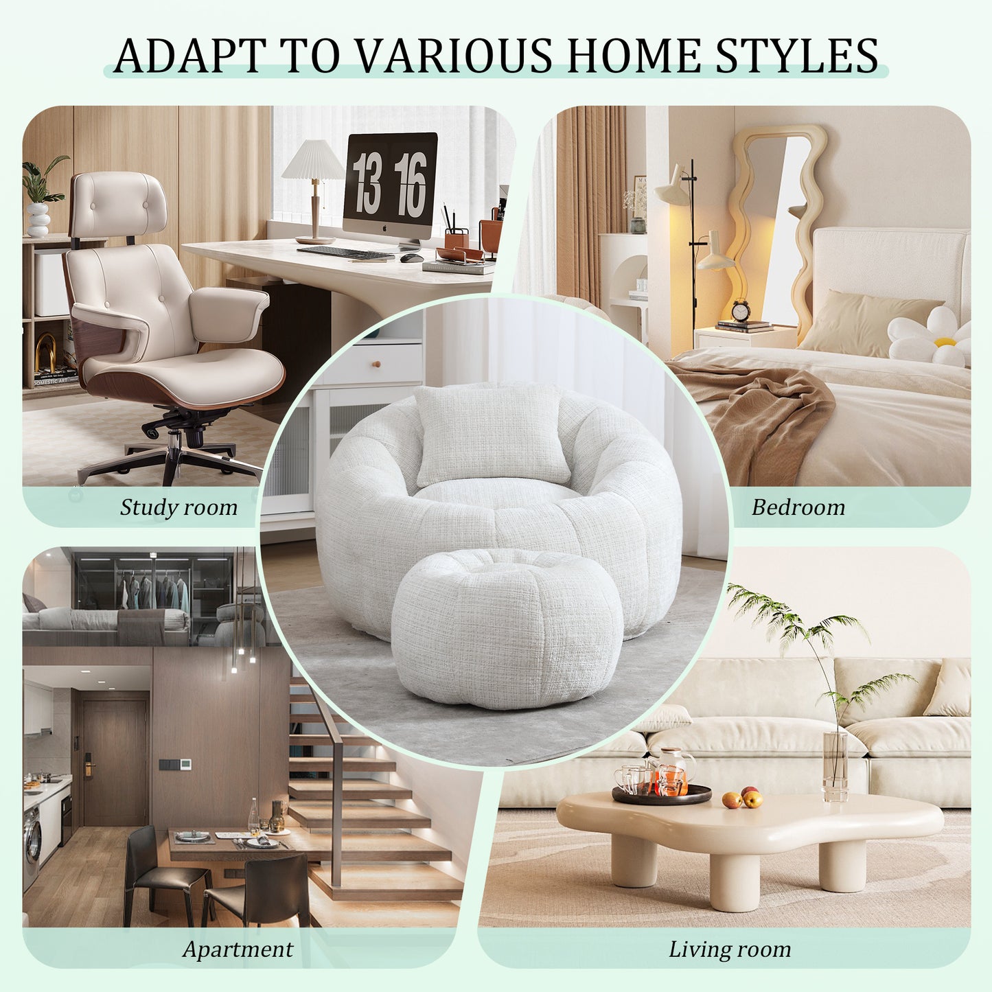 Bean Bag Chair with Ottoman, Legahome Large Bean Bag for Adult, Chenille Lazy Floor Sofa with Pillow, Pumpkin Shaped Bean Bag Chair, Reading Chair for Living Room, Bedroom, Beige