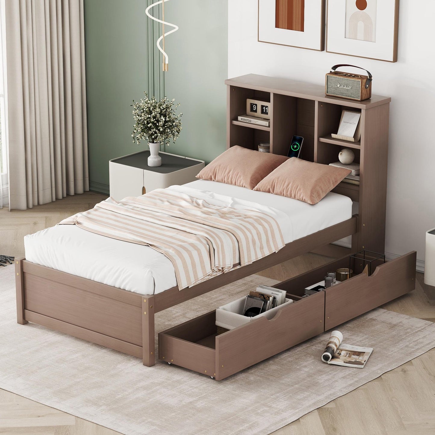 Twin Storage Bed with Bookcase Headboard, Twin Size Captain Bed Frame, with 2 Drawers and Charging Station, Twin Bed Frame with Storage