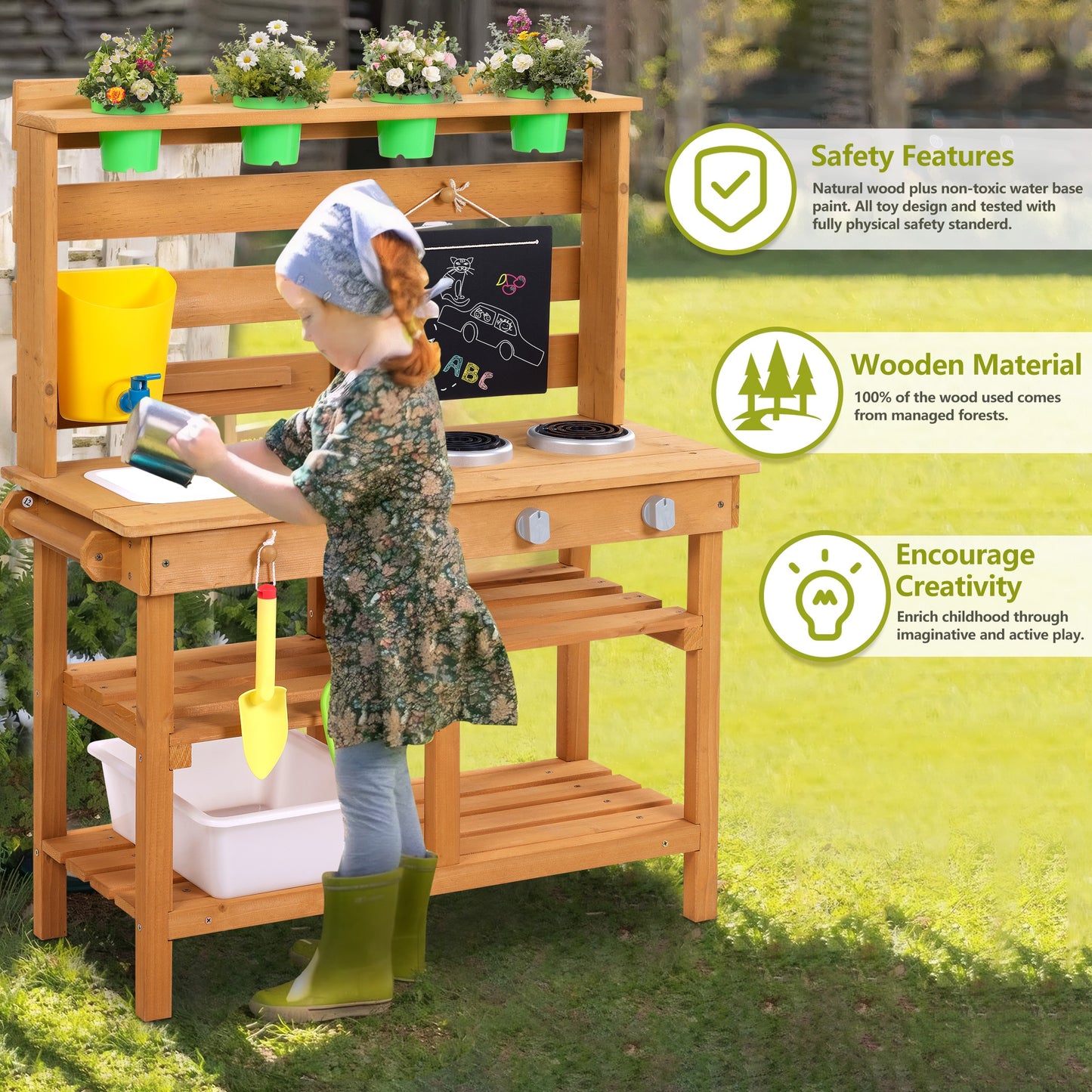 Legahome Kitchen Toys for Boys Girls Kids, Wooden Outdoor Mud Kitchen Kids Kitchen Playset Kids Play Kitchen Toy Set with Sand and Water Pan, Play Sink, Pretend Toy Kitchen Set for Kids Birthday Gifts