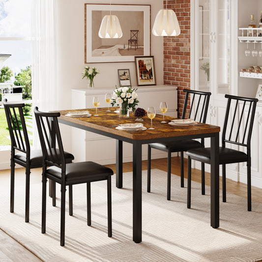5 Piece Dining Table Set, Modern Dining Set for 4, Dining Room Set with 4 Chairs, Rectangle Kitchen Table Set with Wood Tabletop and PU Leather Chairs, for Dining Room, Kitchen and Apartment, Brown