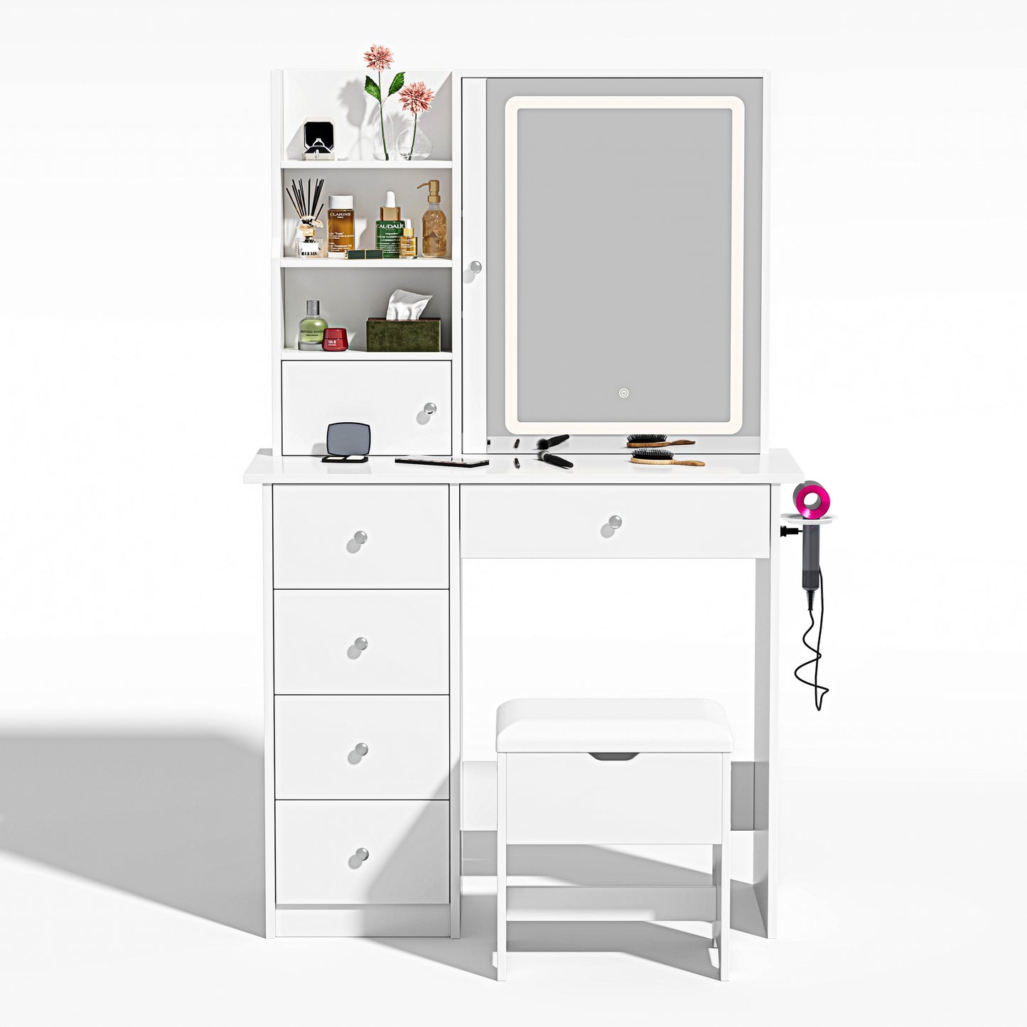 Vanity Set with Sliding Mirror and Lights, Modern Lighted Makeup Vanity Table Set, Vanity Desk with Chair Set for Girls, Dressing Table with Drawers for Bedroom