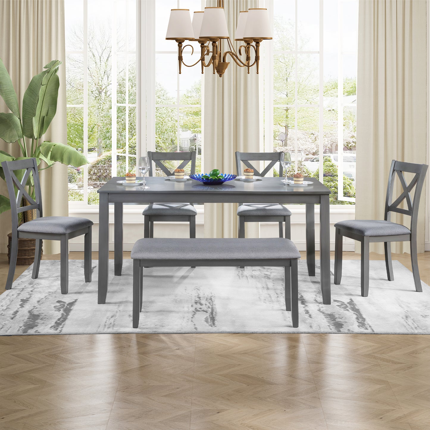 Dining Table Sets For 6, Farmhouse 6 Piece Dining Set with Bench, Wood Dining Dinette Table and 4 Upholstered Chairs with 1 Bench, Dining Room Set for Kitchen, Gray