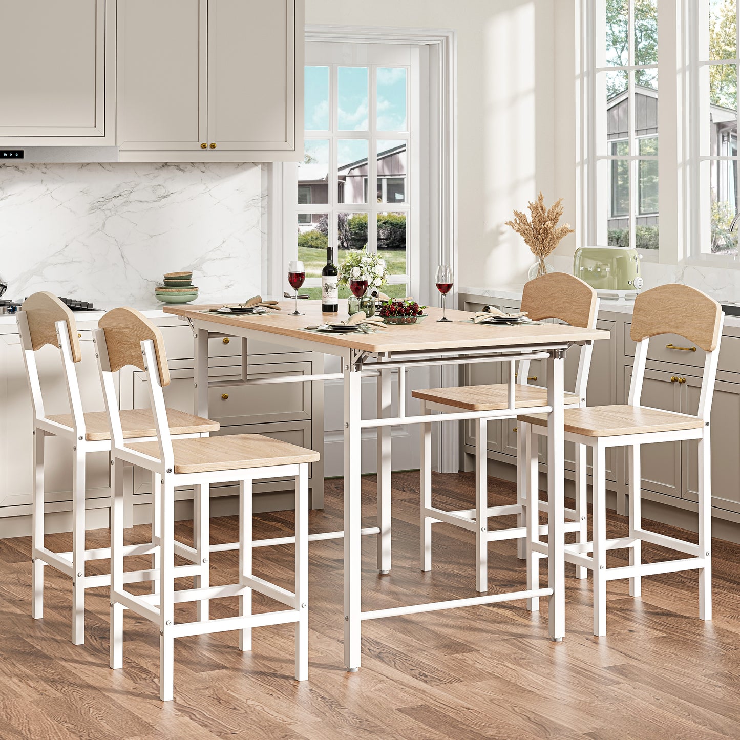 Dining Table Set for 4, Drop Leaf Pub Table and Dining Chair Set, Counter Height Table Set of 5, Kitchen Table Set with Stools for Kitchen Apartment Bistro, Beige