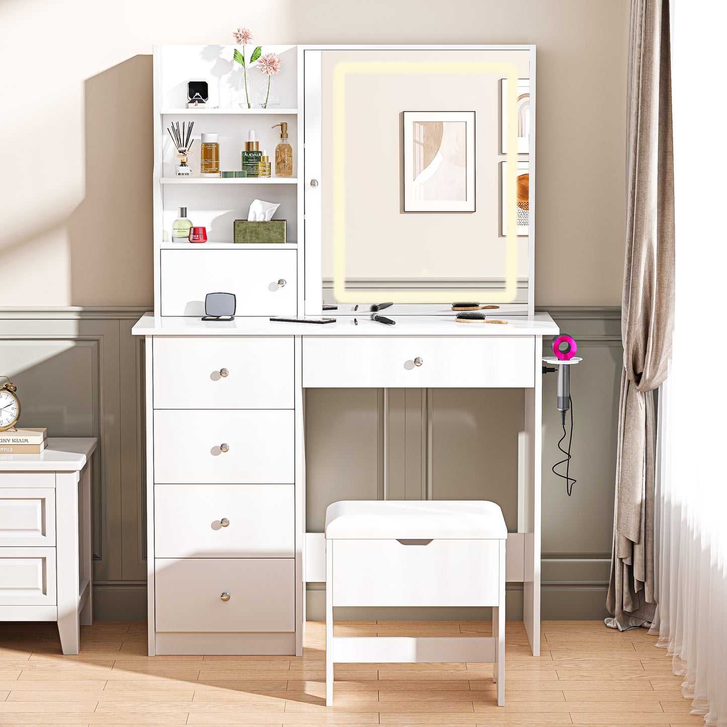 Vanity Set with Sliding Mirror and Lights, Modern Lighted Makeup Vanity Table Set, Vanity Desk with Chair Set for Girls, Dressing Table with Drawers for Bedroom