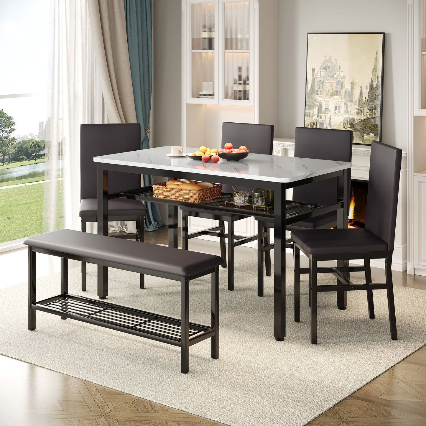 Legahome Dining Table Set for 6, Modern 6 Piece Dining Room Set with Bench, Kitchen Table and Chairs Set for Breakfast Nook with PU Leather Upholstered Chairs, Brown