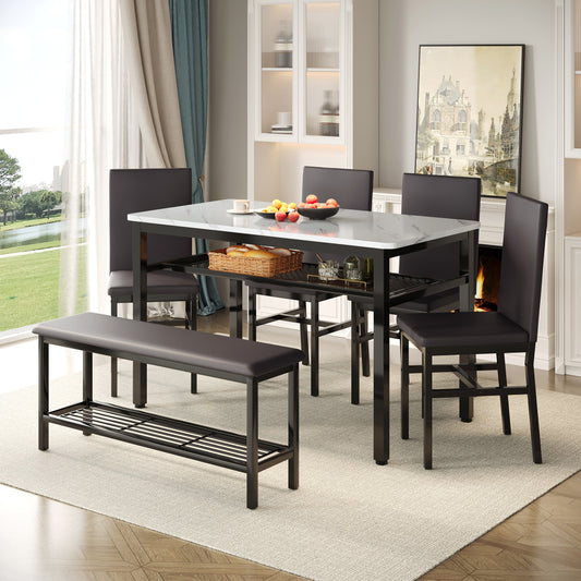 Legahome Dining Table Set for 6, Modern 6 Piece Dining Room Set with Bench, Kitchen Table and Chairs Set for Breakfast Nook with PU Leather Upholstered Chairs, Brown
