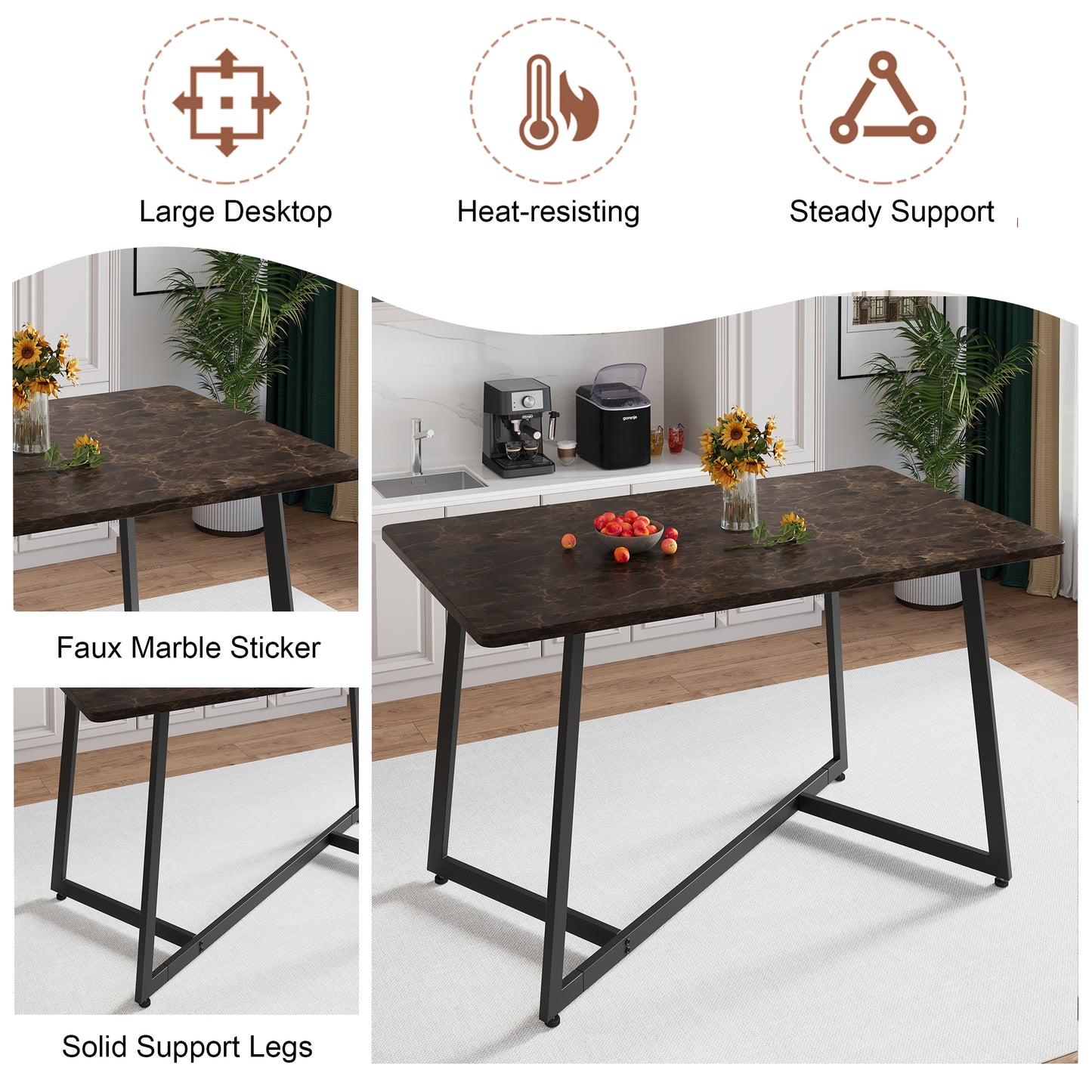 Dining Table Set for 4, 5 Piece Kitchen Table and Chairs Set, Rectangle Brown Tabletop and Brown Leather Chairs Set, Small Space Dining Room Set for Apartment
