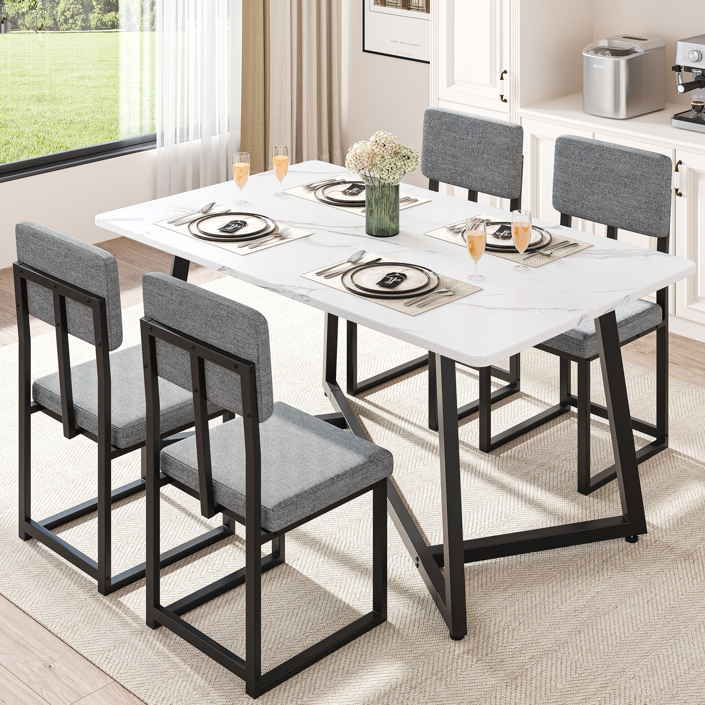 Dining Table Set for 4, 5 Piece Kitchen Table and Chairs Set, Rectangle Brown Tabletop and Brown Leather Chairs Set, Small Space Dining Room Set for Apartment