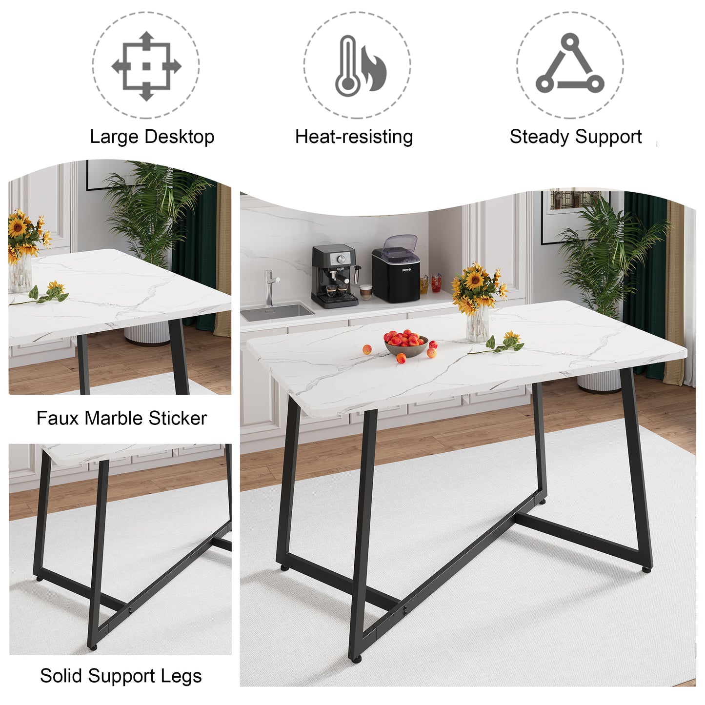 Dining Table Set for 4, 5 Piece Kitchen Table and Chairs Set, Rectangle Brown Tabletop and Brown Leather Chairs Set, Small Space Dining Room Set for Apartment