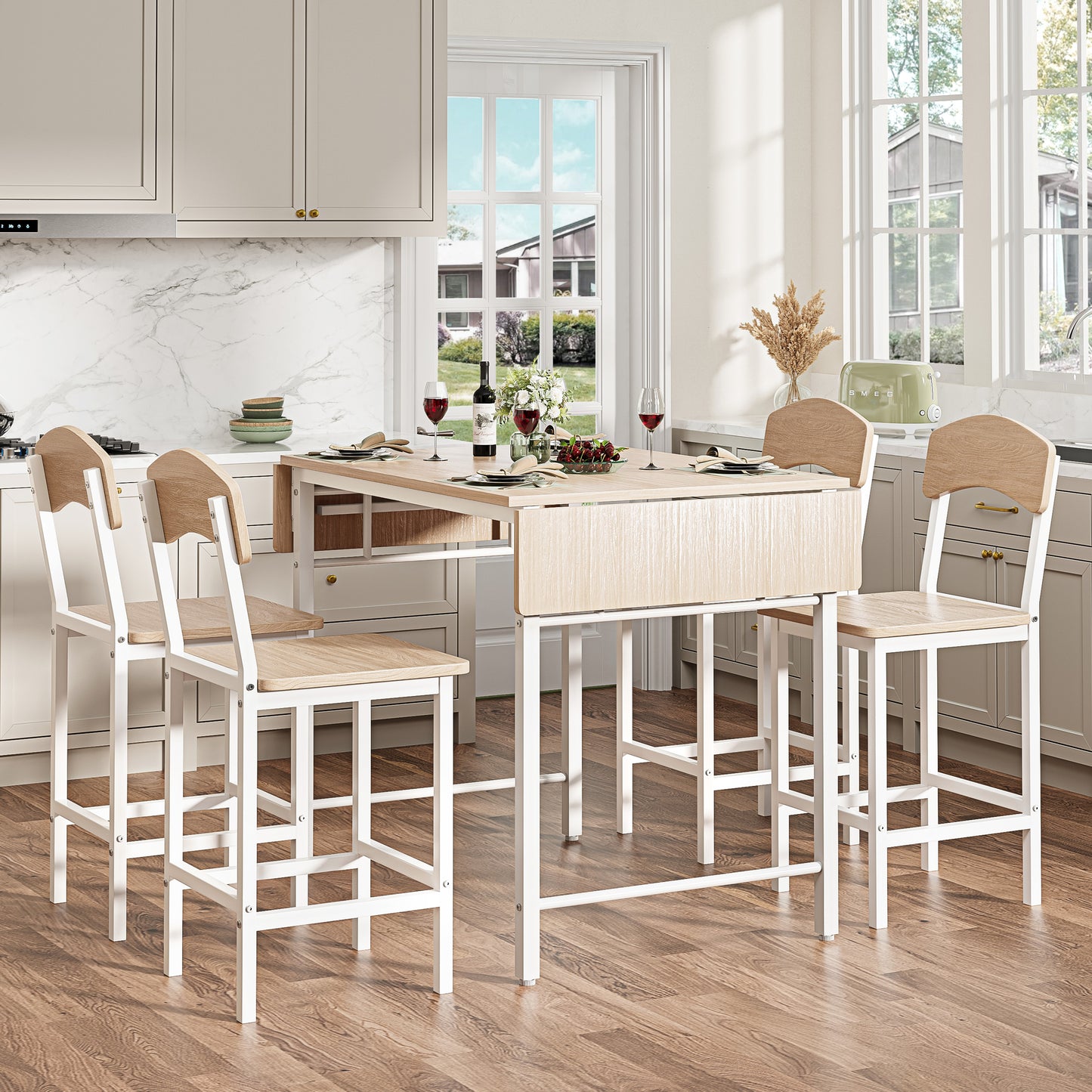 Dining Table Set for 4, Drop Leaf Pub Table and Dining Chair Set, Counter Height Table Set of 5, Kitchen Table Set with Stools for Kitchen Apartment Bistro, Beige