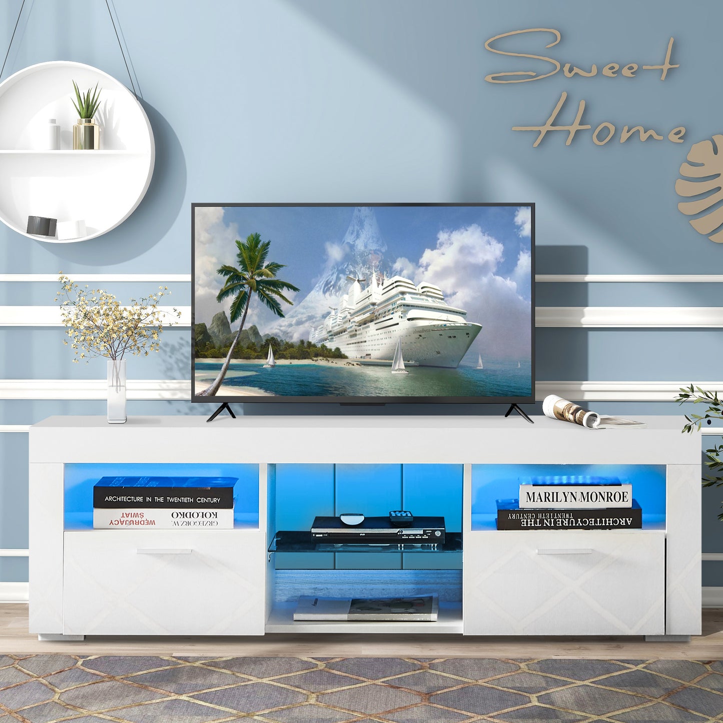 LegaHome TV Stand for 55-65Inch TV, Modern High Glossy TV Cabinet with 16 Colors LED Lights