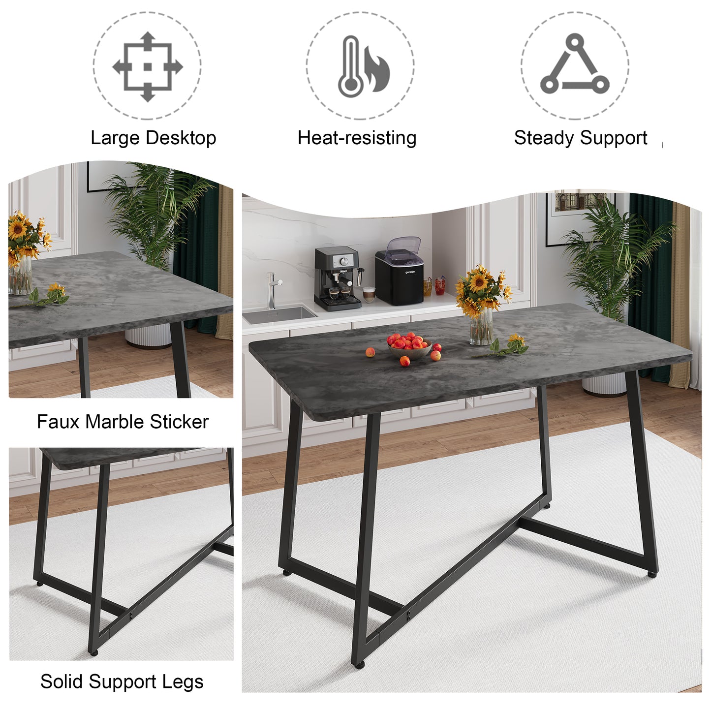 Dining Table Set for 4, 5 Piece Kitchen Table and Chairs Set, Rectangle Brown Tabletop and Brown Leather Chairs Set, Small Space Dining Room Set for Apartment