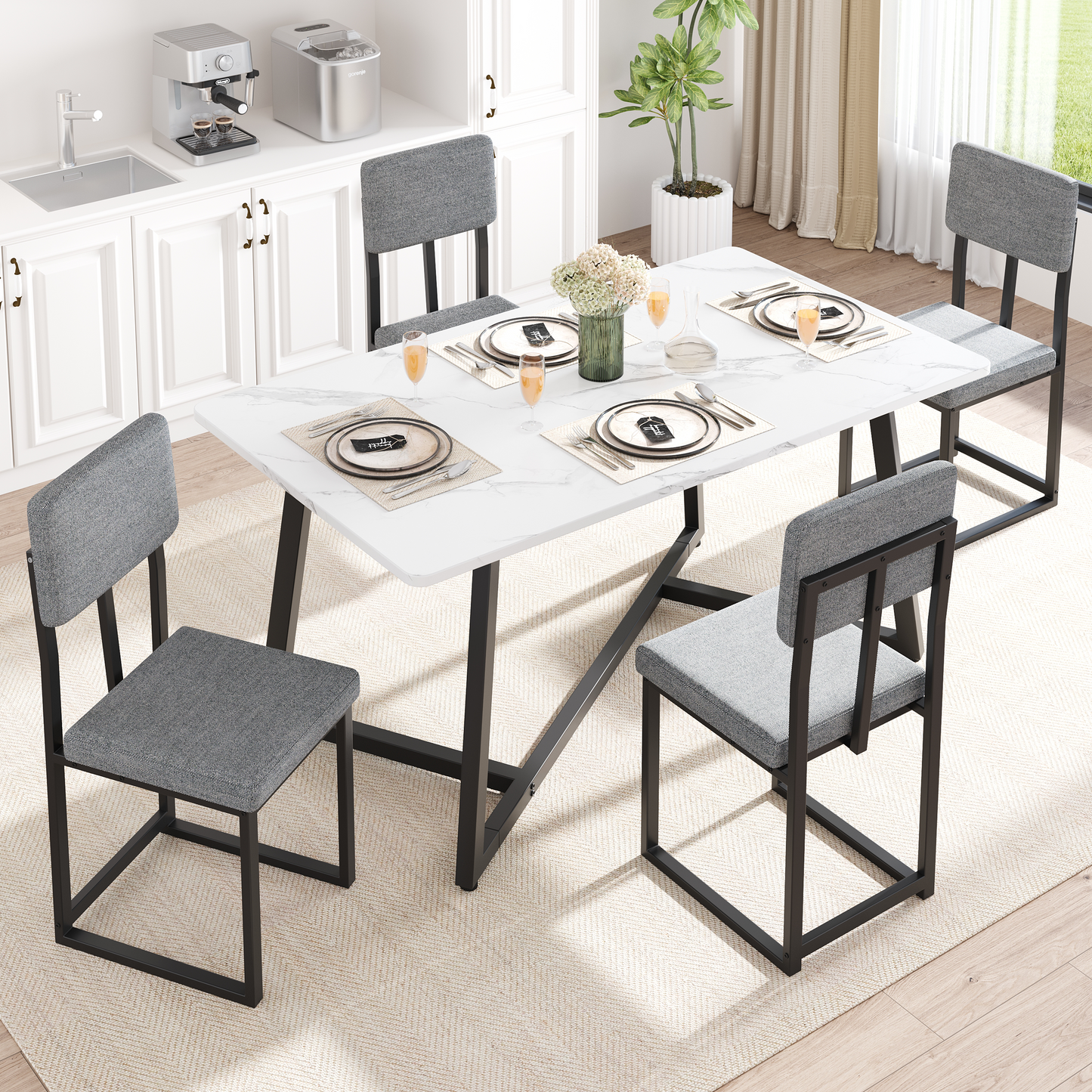Dining Table Set for 4, 5 Piece Kitchen Table and Chairs Set, Rectangle Brown Tabletop and Brown Leather Chairs Set, Small Space Dining Room Set for Apartment