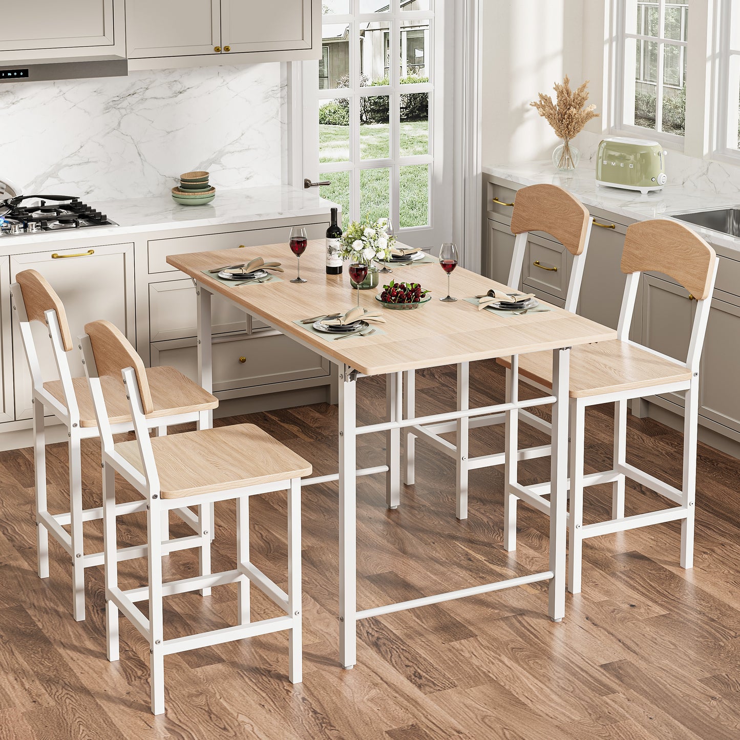 Dining Table Set for 4, Drop Leaf Pub Table and Dining Chair Set, Counter Height Table Set of 5, Kitchen Table Set with Stools for Kitchen Apartment Bistro, Beige