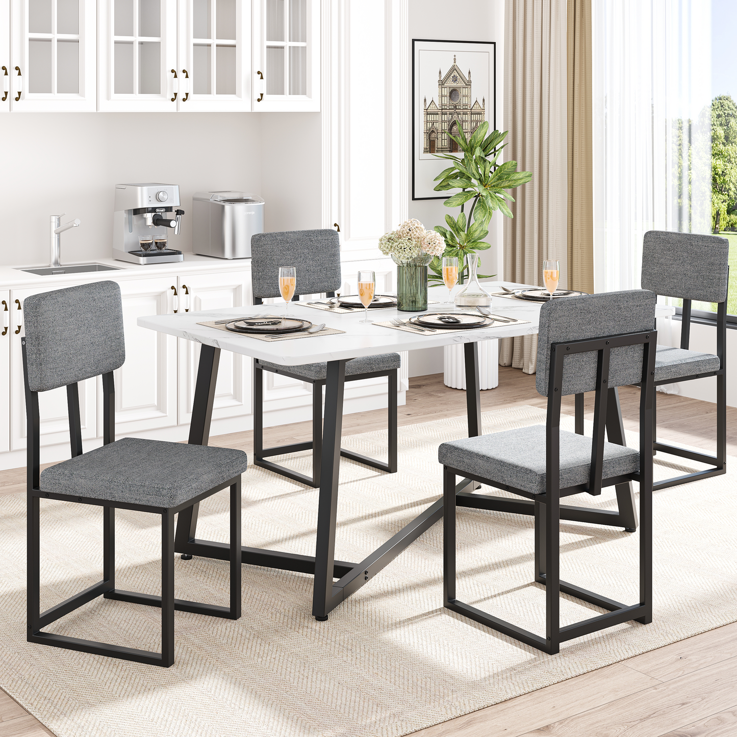 Dining Table Set for 4, 5 Piece Kitchen Table and Chairs Set, Rectangle Brown Tabletop and Brown Leather Chairs Set, Small Space Dining Room Set for Apartment
