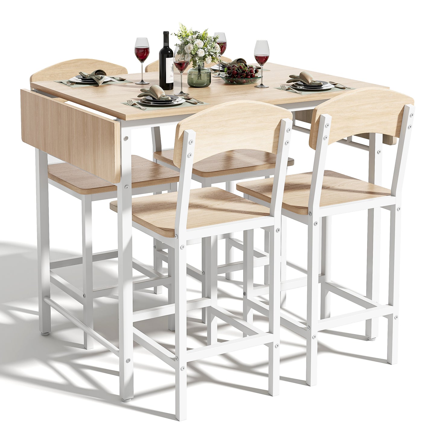 Dining Table Set for 4, Drop Leaf Pub Table and Dining Chair Set, Counter Height Table Set of 5, Kitchen Table Set with Stools for Kitchen Apartment Bistro, Beige