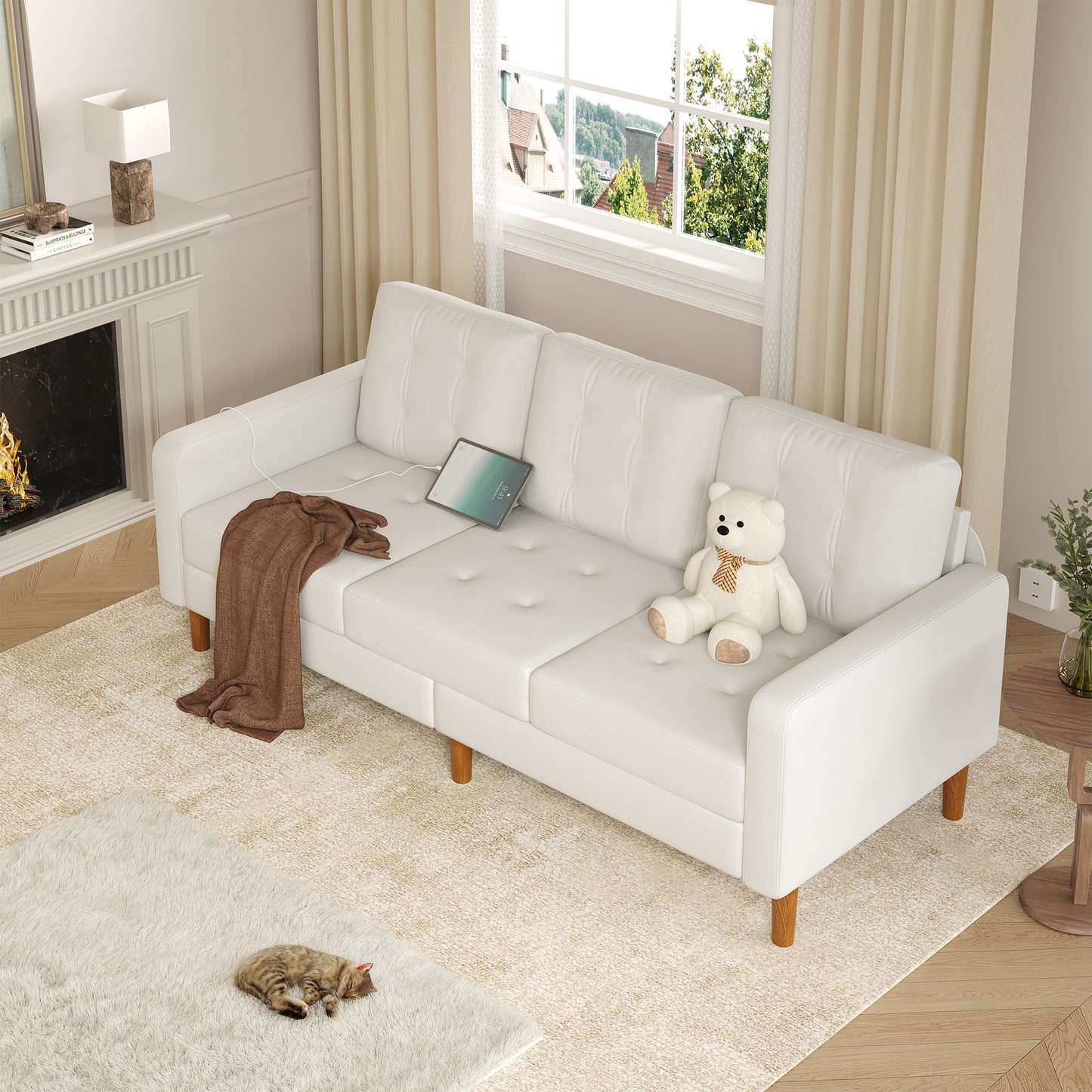 3-Seater Arm Sofa with USB Port, Comfy Sofa Couch for Living Room, Upholstered Loveseat Sofa, 23.2 in Extra Deep Seat Couch, for Compact Small Space, Apartment, Size: 78x31.5x27.6 in, Beige