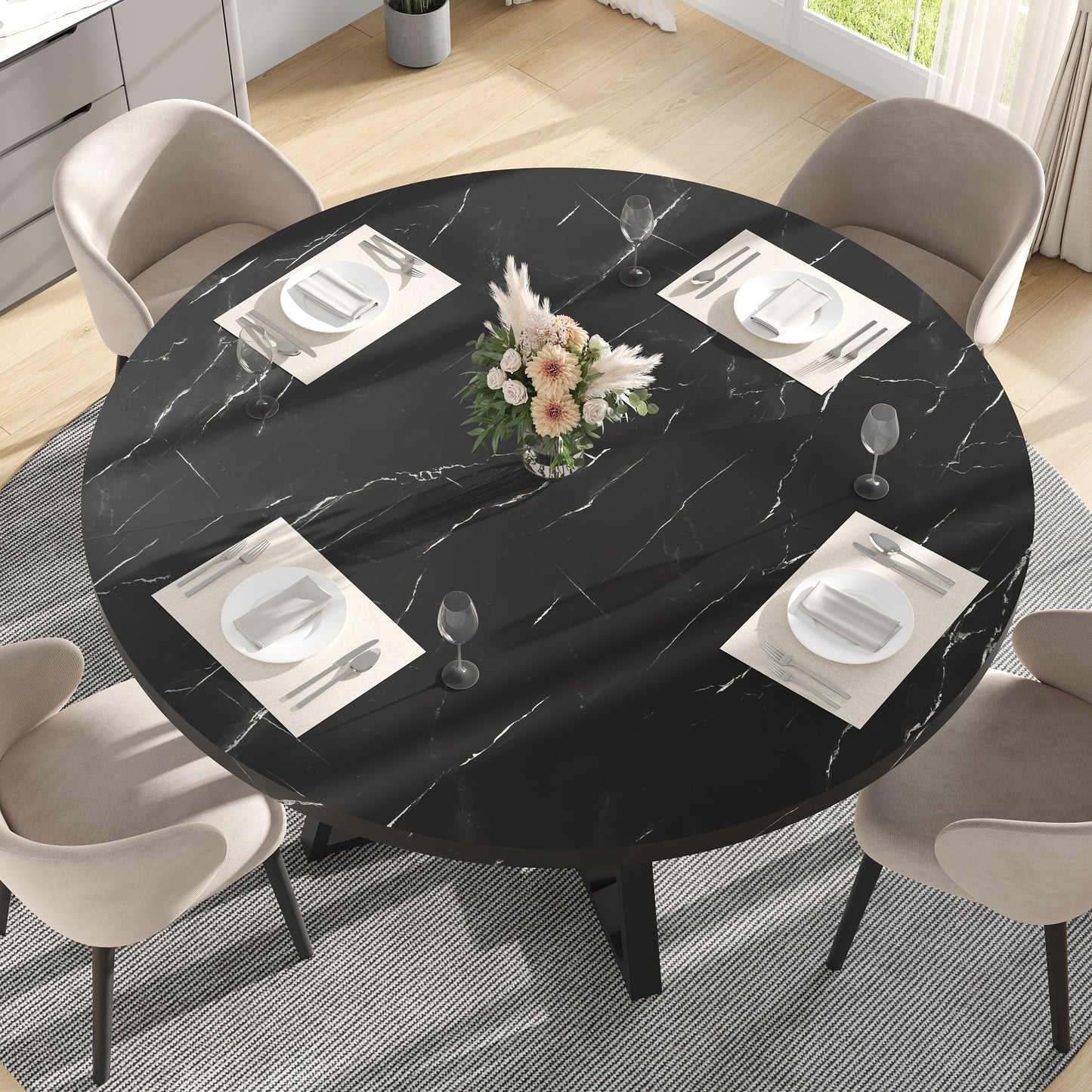 LEAGHOME 43.3in Round Dining Table for 4 Person, Faux Marble Kitchen Table with Metal Base Seats 4, Modern Dining Room Table with Storage Rack for Kitchen, White (Only Table)