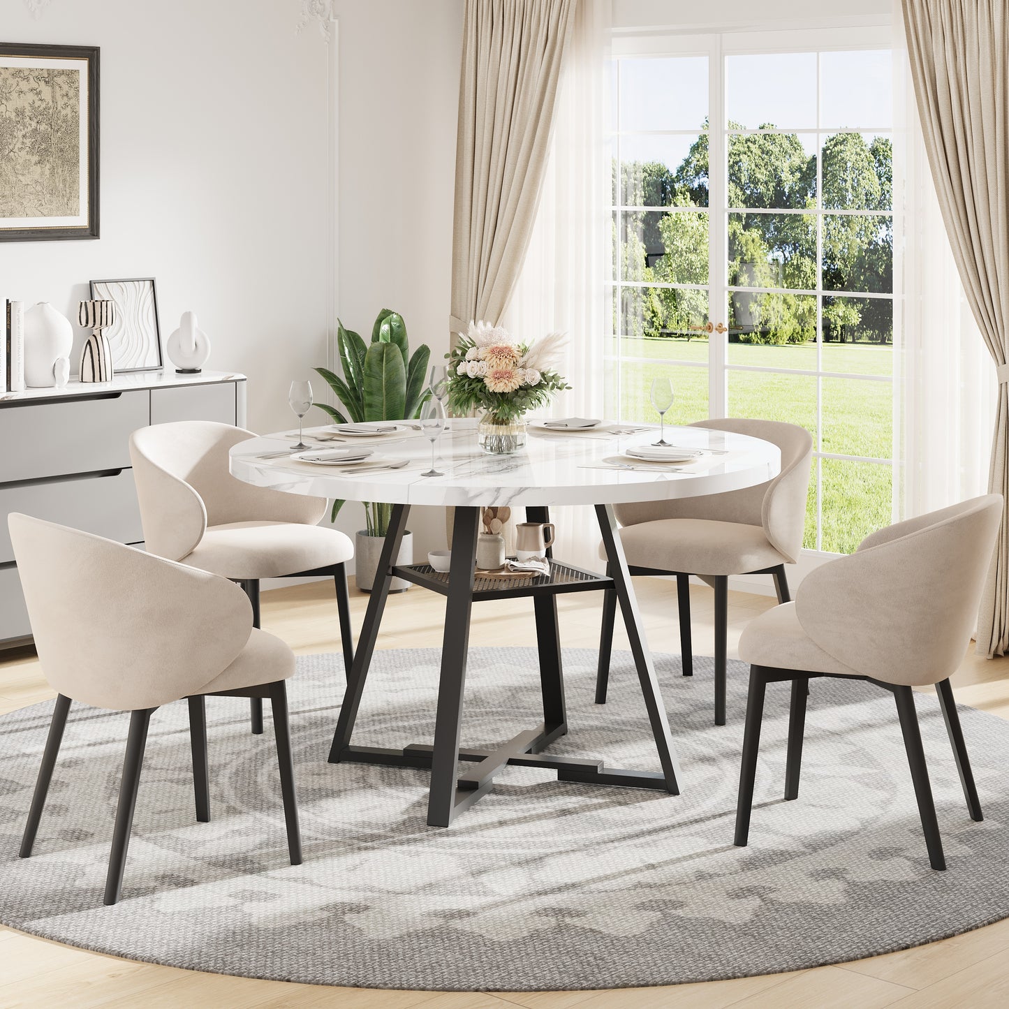 LEAGHOME 43.3in Round Dining Table for 4 Person, Faux Marble Kitchen Table with Metal Base Seats 4, Modern Dining Room Table with Storage Rack for Kitchen, White (Only Table)