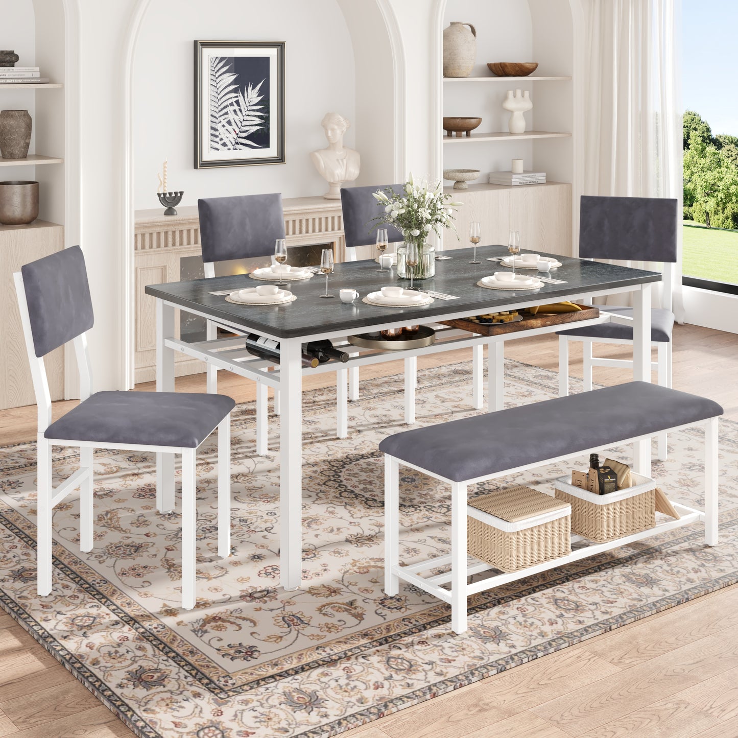 6 Piece Dining Set with Bench, Farmhouse Rectangular Dining Table Set for 6, Solid Wood Dining Room Set with Bench and Chair, Kitchen Furniture Kitchen Dining Set for Home Dinner, White