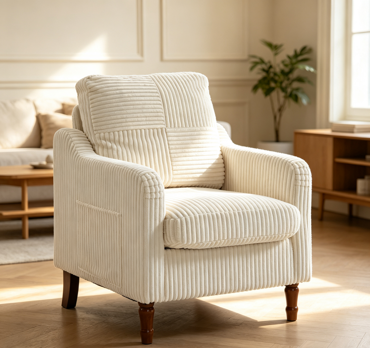Accent Chair, Legahome Corduroy Upholstered Living Room Chair with Solid Wood Legs and High Resilience Cushion, Modern Farmhouse Comfy Reading Chair Armchair with Side Pocket