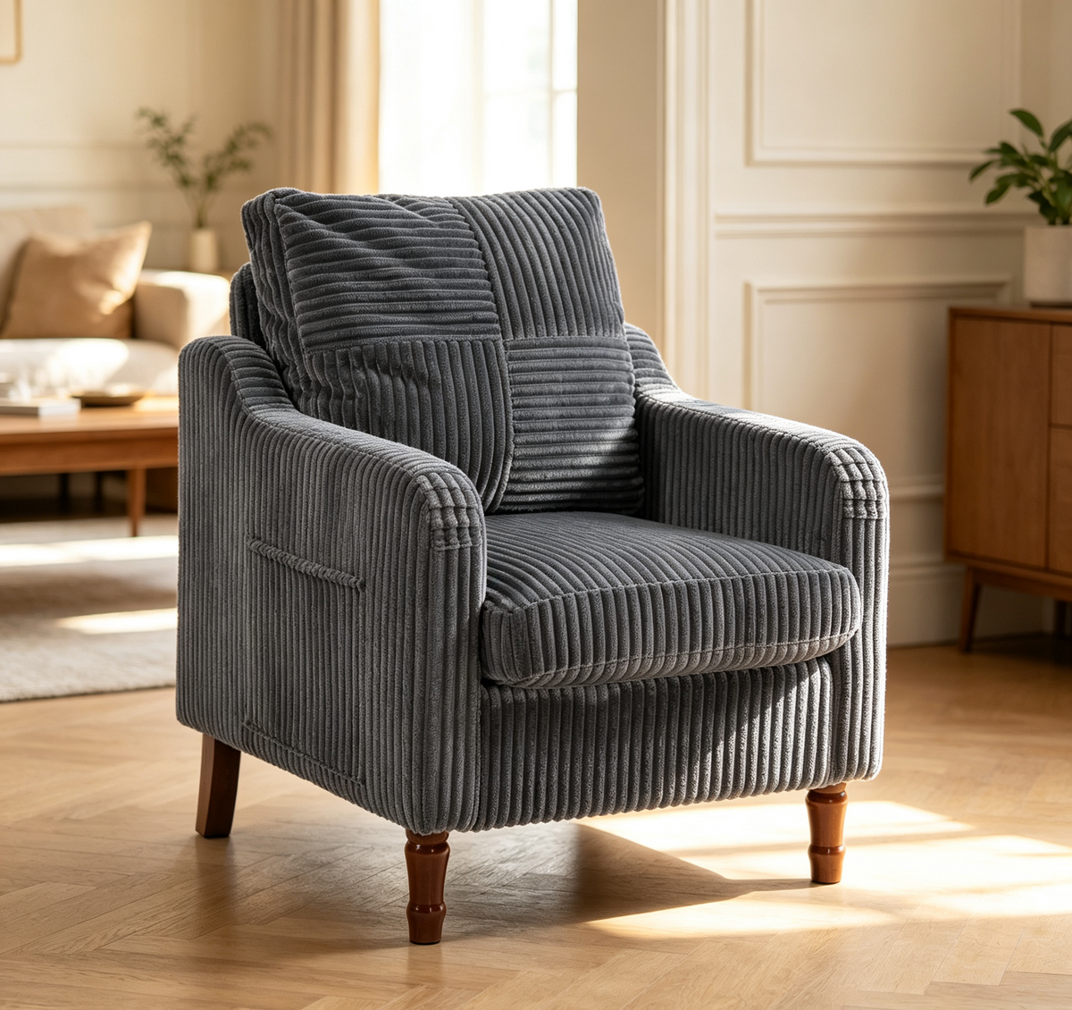 Accent Chair, Legahome Corduroy Upholstered Living Room Chair with Solid Wood Legs and High Resilience Cushion, Modern Farmhouse Comfy Reading Chair Armchair with Side Pocket