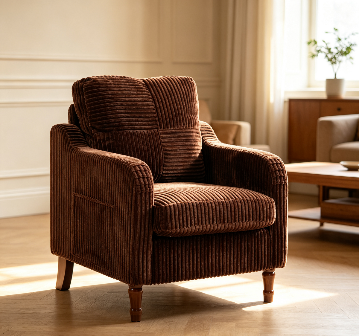 Accent Chair, Legahome Corduroy Upholstered Living Room Chair with Solid Wood Legs and High Resilience Cushion, Modern Farmhouse Comfy Reading Chair Armchair with Side Pocket
