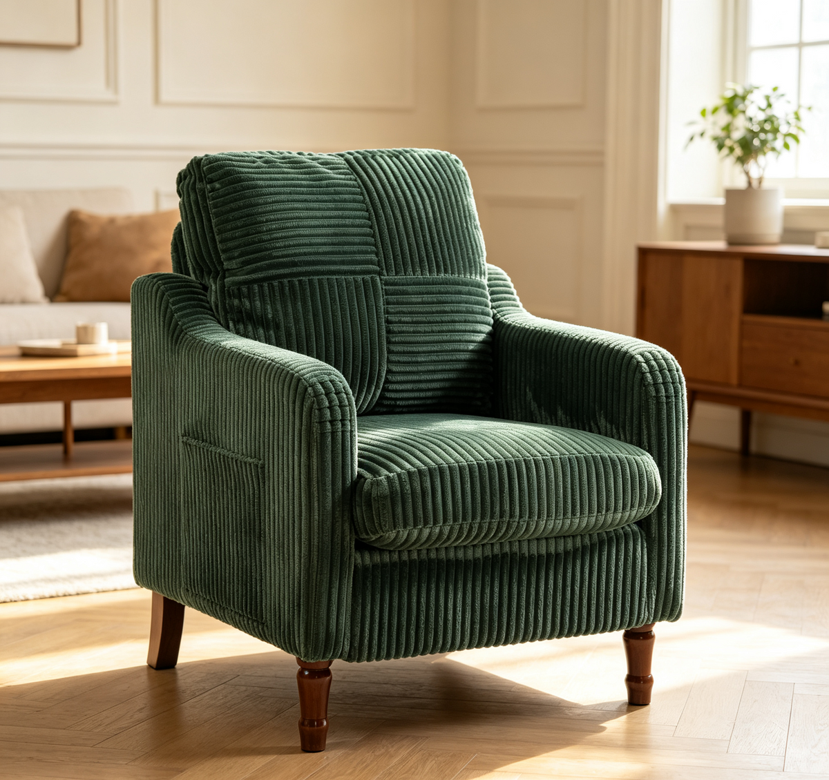 Accent Chair, Legahome Corduroy Upholstered Living Room Chair with Solid Wood Legs and High Resilience Cushion, Modern Farmhouse Comfy Reading Chair Armchair with Side Pocket