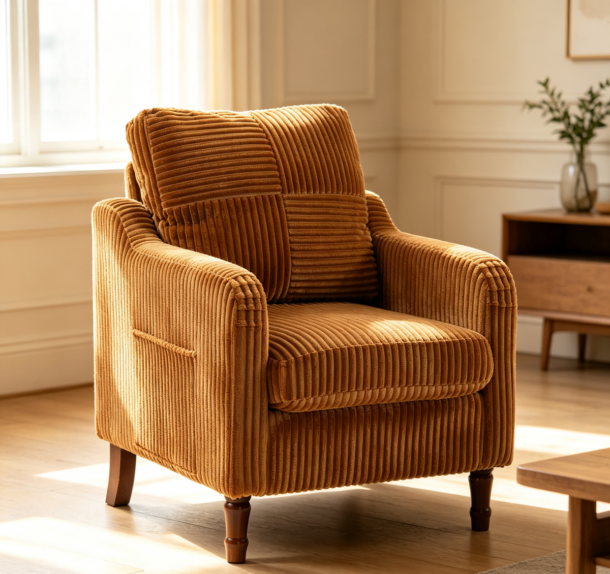 Accent Chair, Legahome Corduroy Upholstered Living Room Chair with Solid Wood Legs and High Resilience Cushion, Modern Farmhouse Comfy Reading Chair Armchair with Side Pocket
