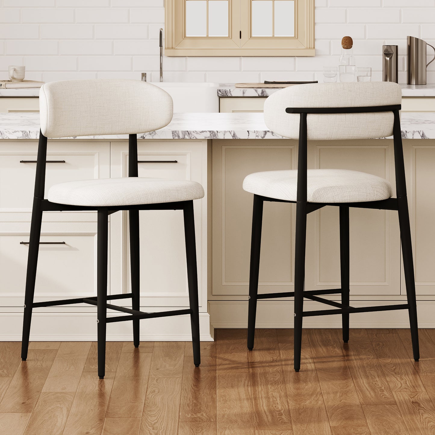 Bar Stool Set of 2, Legahome 26" Counter Height Bar Stool, Modern Farmhouse Upholstered Bar Stool with Curved Back & Wood-Grain Metal Legs for Kitchen Island Dining Room