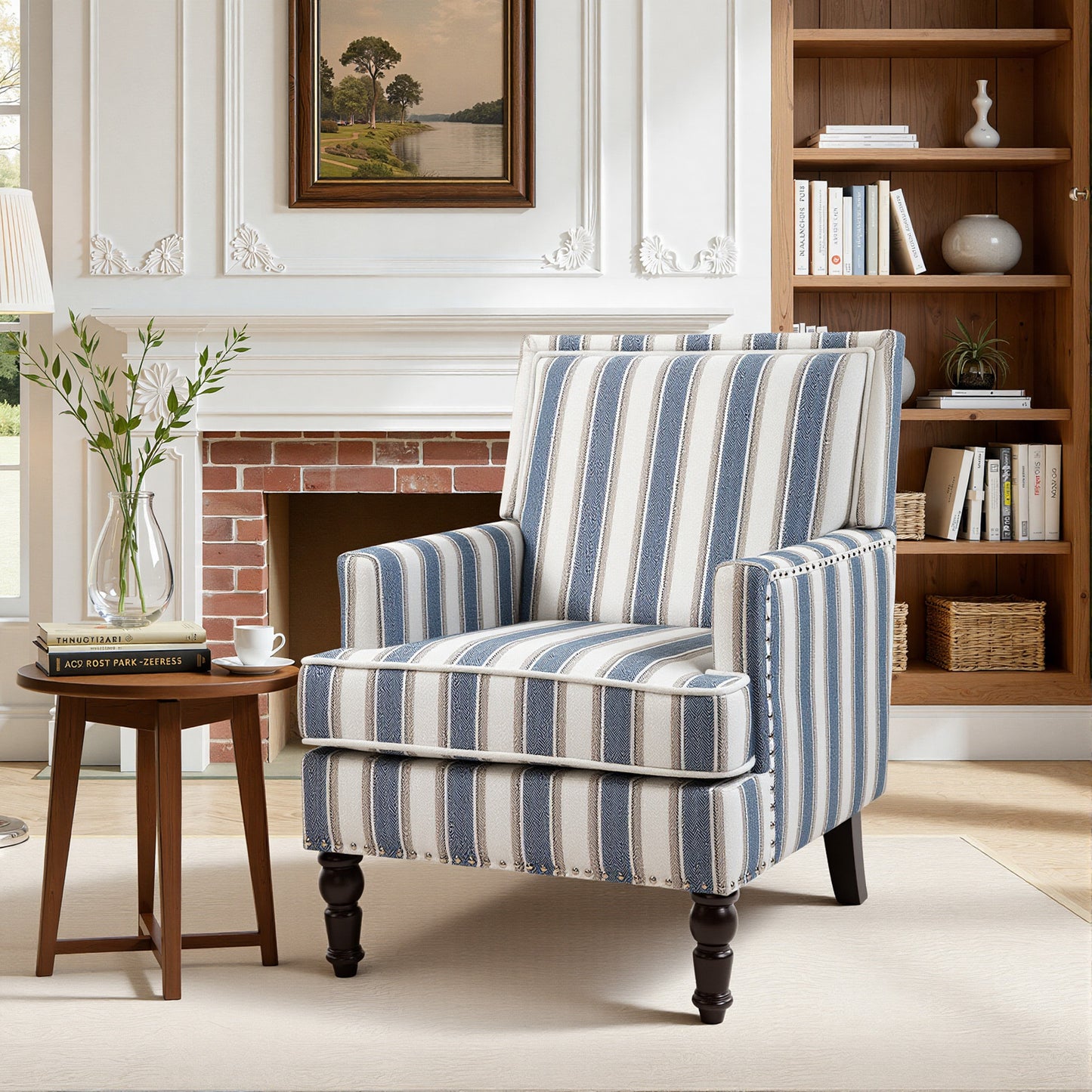 LEGAHOME Vintage Accent Chair, Upholstered Armchair with Nailhead Trim, Linen Fabric Arm Chair Comfort Reading Chair Lounge Chair for Living Room Bedroom Sunroom, Blue(1PC)