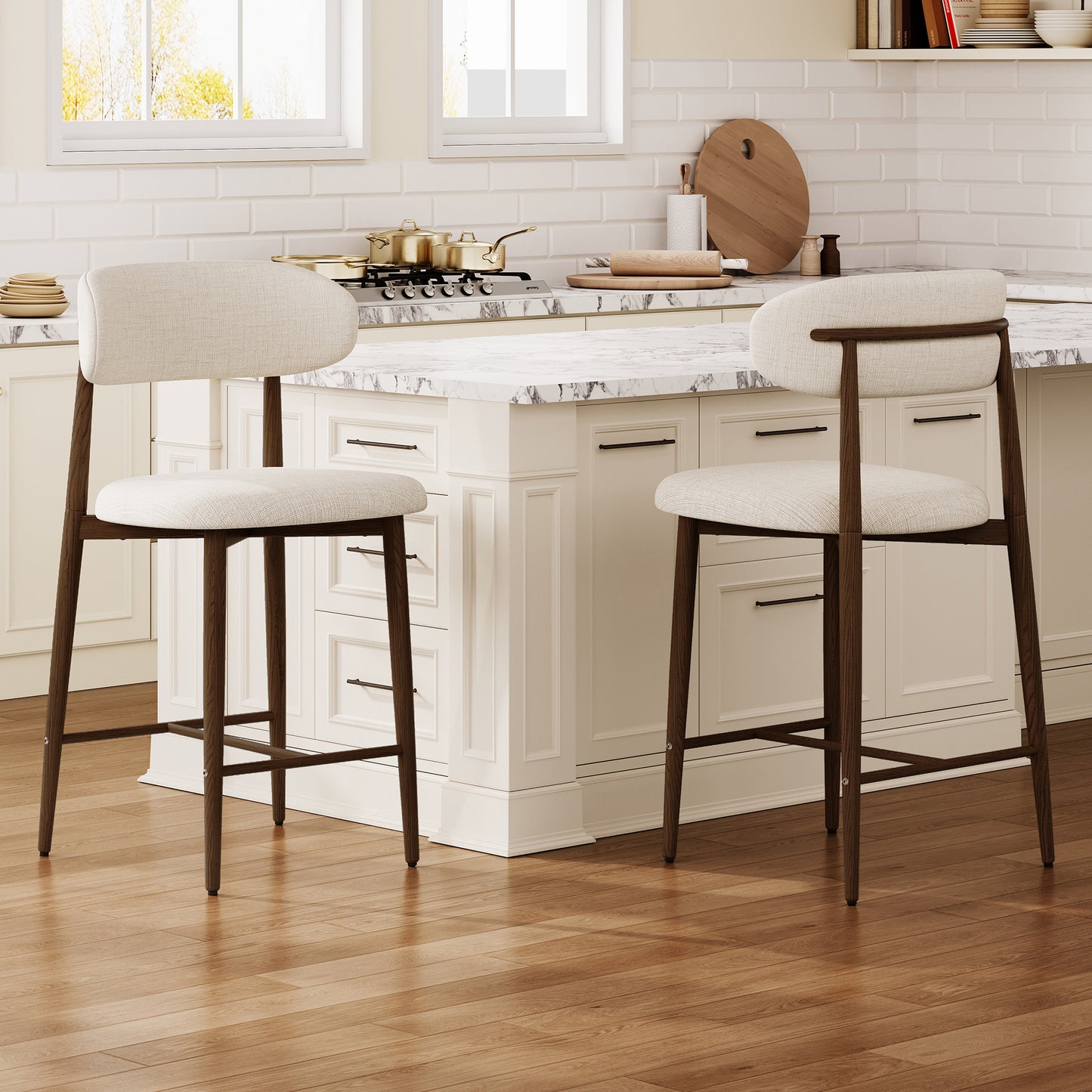 Bar Stool Set of 2, Legahome 26" Counter Height Bar Stool, Modern Farmhouse Upholstered Bar Stool with Curved Back & Wood-Grain Metal Legs for Kitchen Island Dining Room