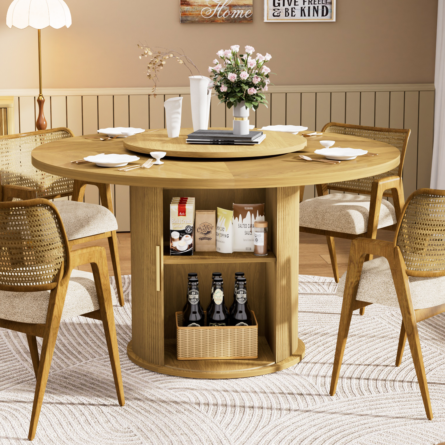 47.5in Round Dining Table, LEGAHOME Wood Round Table for 6, Kitchen Dining Table with Pedestal Base for Dining Room, Brown(Only Table)