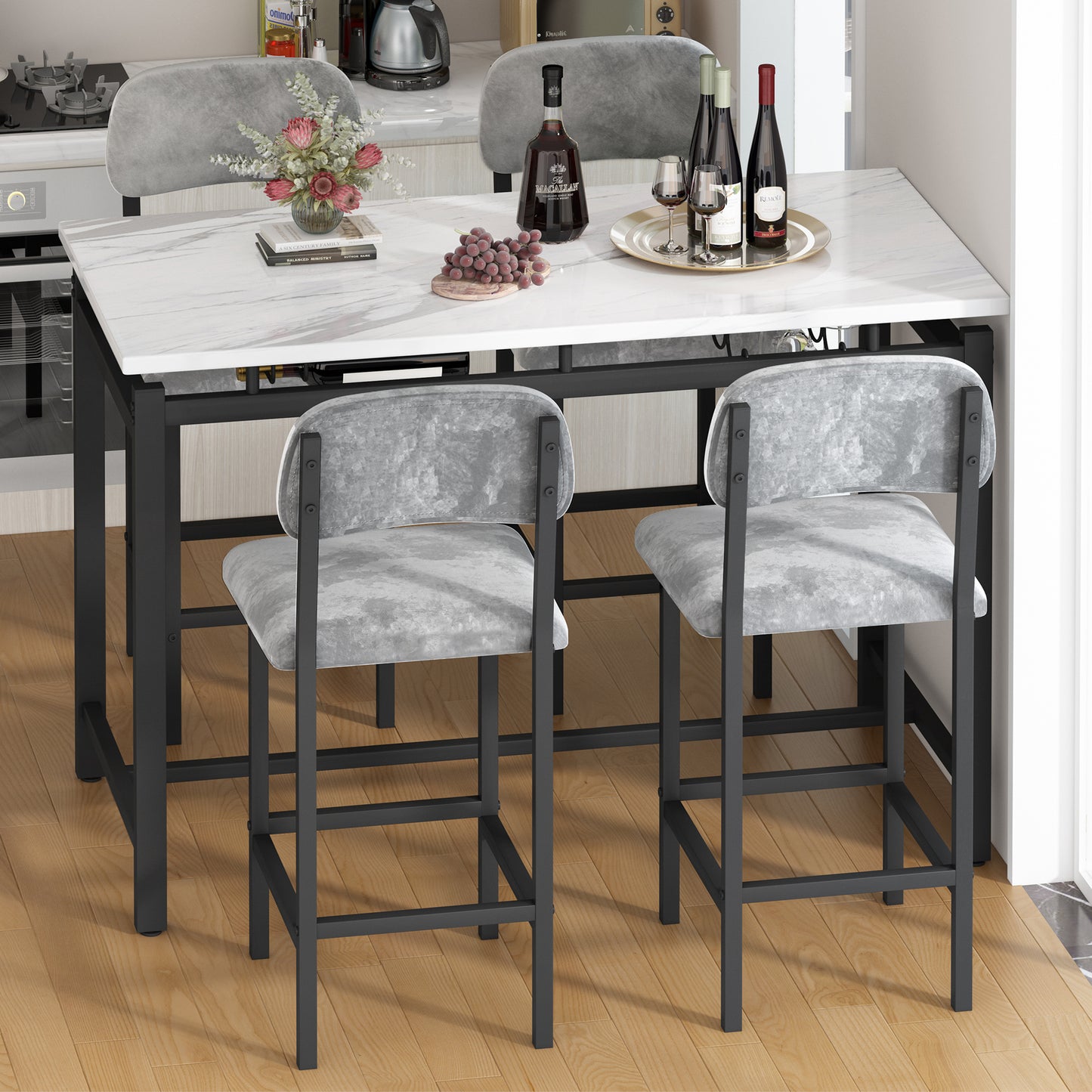 Dining Table Set for 4, Counter Height Kitchen Table Set with Chairs for 4, 5 Piece Bar Table and Stools Set, Modern Dining Room Set with Wine Rack, Faux Marble Table and PU Leather Chair, Gray