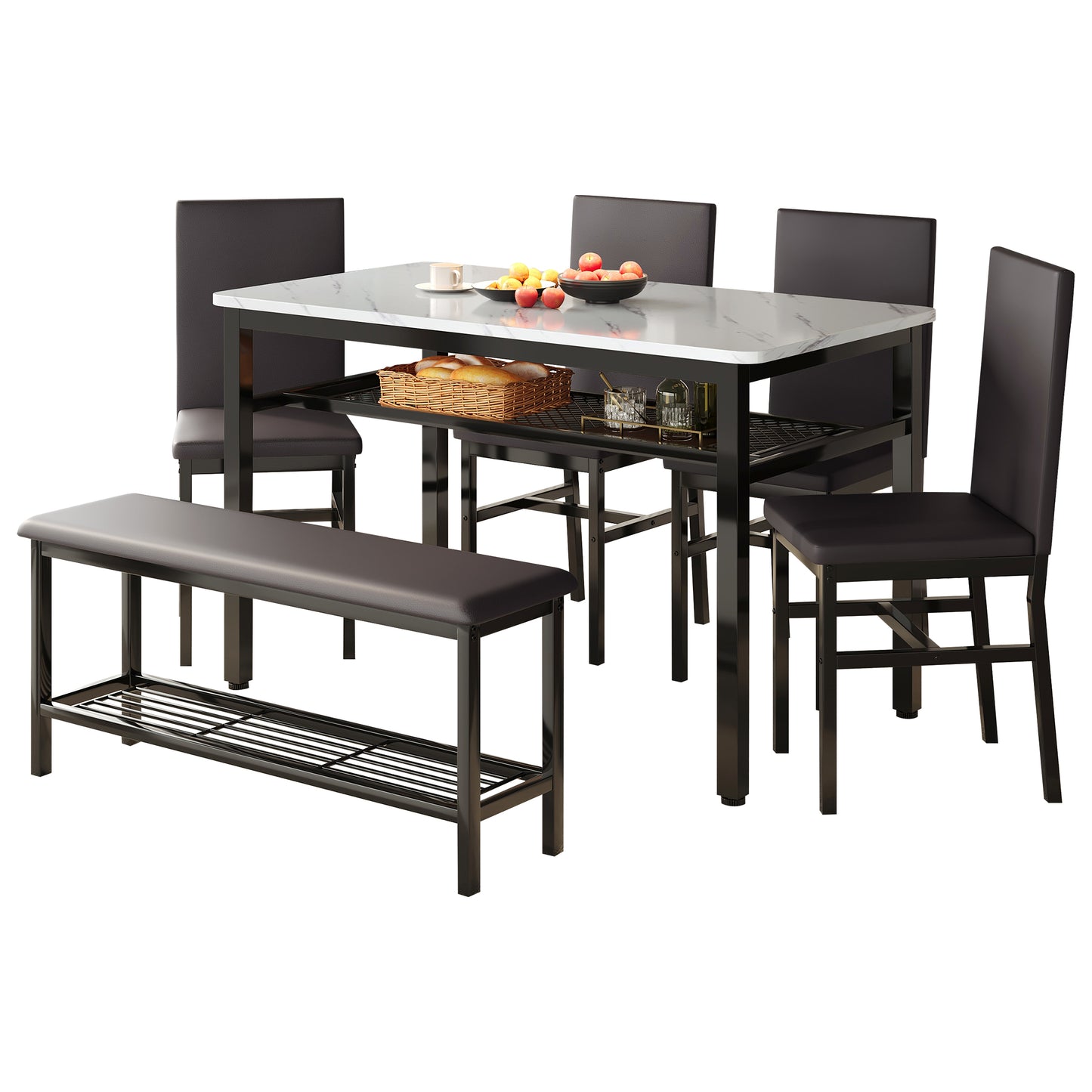 Legahome Dining Table Set for 6, Modern 6 Piece Dining Room Set with Bench, Kitchen Table and Chairs Set for Breakfast Nook with PU Leather Upholstered Chairs, Brown