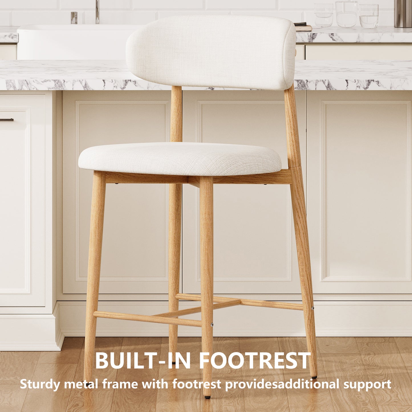 Bar Stool Set of 2, Legahome 26" Counter Height Bar Stool, Modern Farmhouse Upholstered Bar Stool with Curved Back & Wood-Grain Metal Legs for Kitchen Island Dining Room