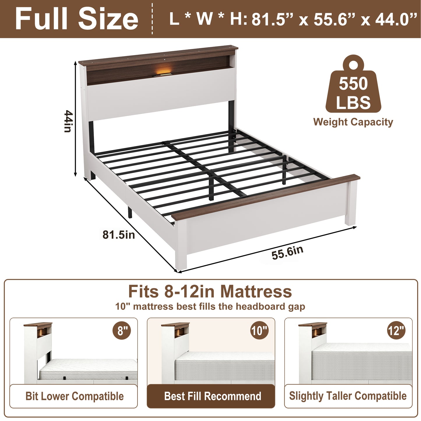 LEGAHOME e Full Size Bed Frame with Storage Headboard, Charging Station and LED Lights, Platform Bed Frame with Wooden Slats for 550lbs Weight Capacity, No Box Spring Needed