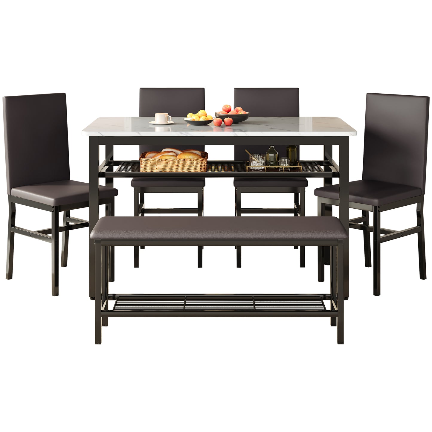 Legahome Dining Table Set for 6, Modern 6 Piece Dining Room Set with Bench, Kitchen Table and Chairs Set for Breakfast Nook with PU Leather Upholstered Chairs, Brown
