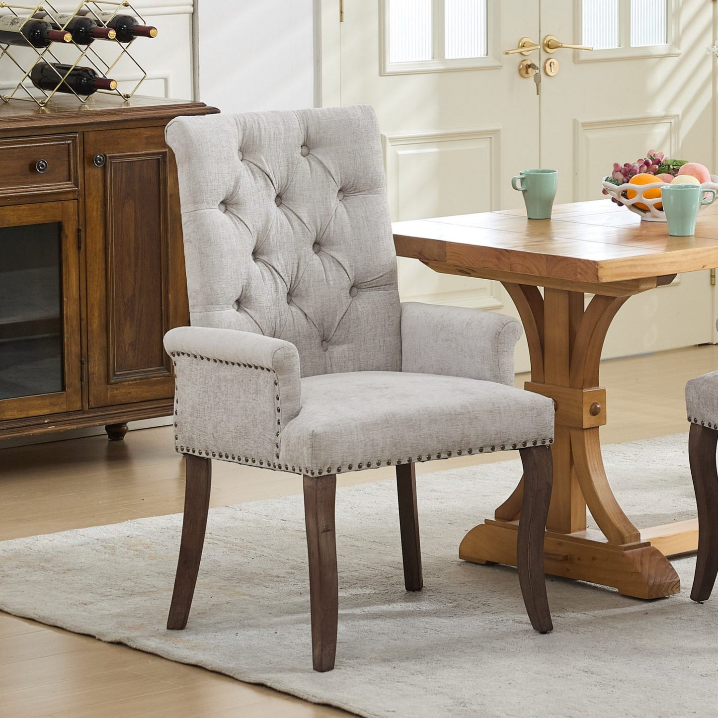 Dining Chair Set of 2, Legahome Mid Century Accent Chairs with Button Tufted & Curved Wooden Legs, Chenille Upholstered Arm Chair Accent Chair, Kitchen & Dining Room Chairs Set, Beige