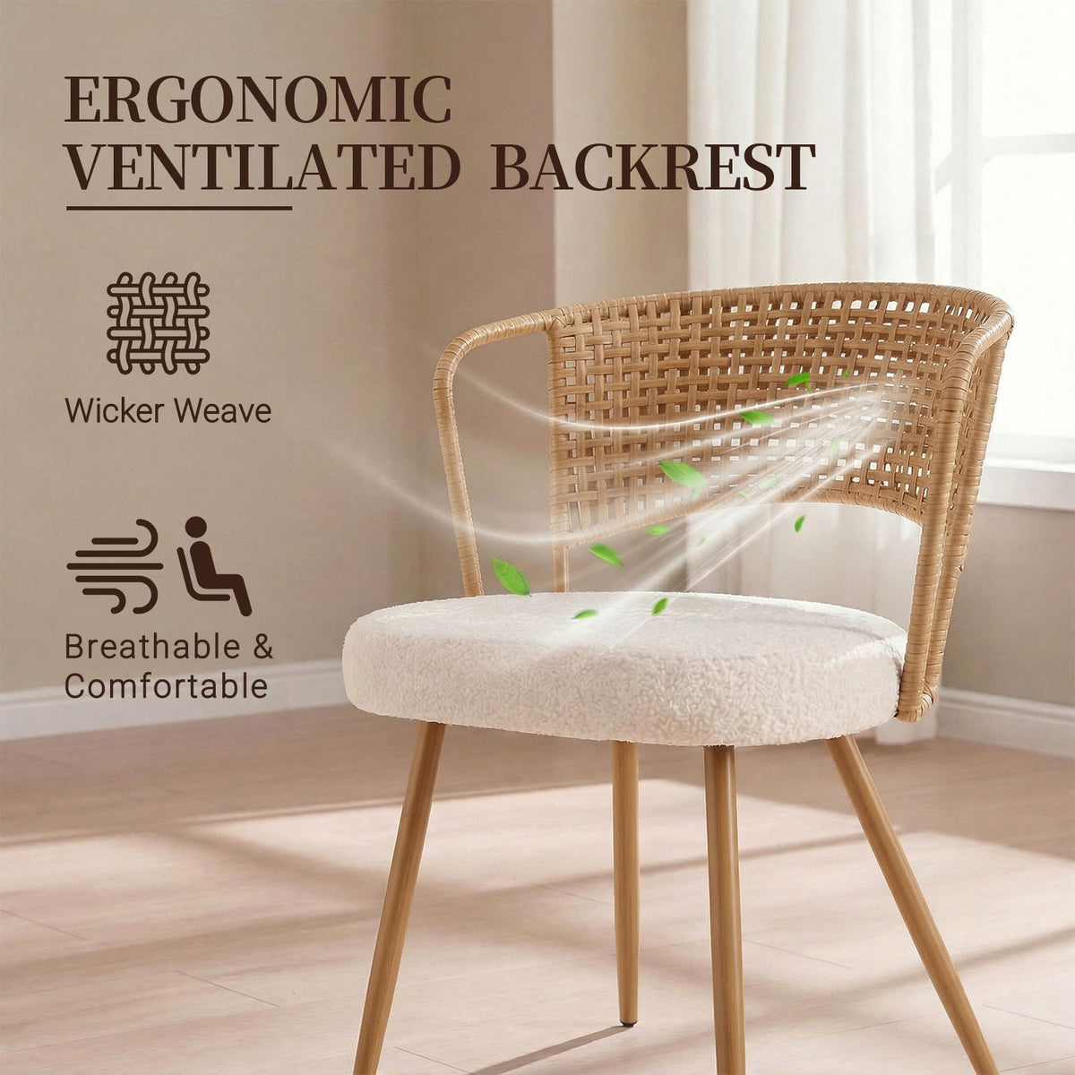 ining Chairs Set of 2, Farmhouse Rattan Dining Room Chairs, Wingback Upholstered Kitchen Chairs Set of 2 with Cane Back & Metal Legs
