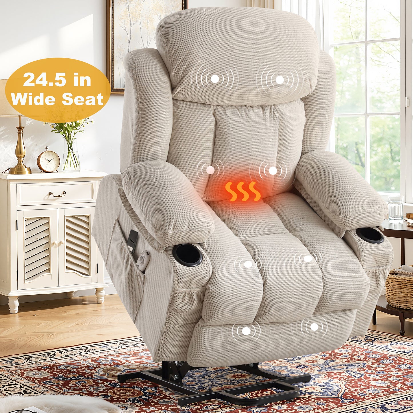 Power Lift Recliner Chair, Legahome Recliners for Elderly with Heat and Massage, Electric Lift Elderly Sofa for Living Room, with Cuper Holder, Pocket, USB Port, 330lbs Weight Capacity, Beige