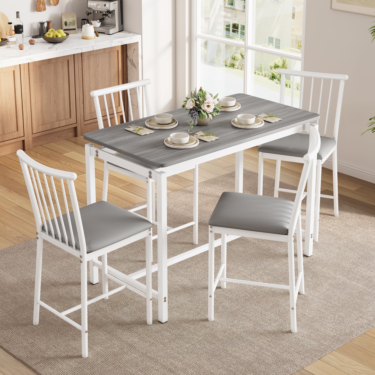 Dining Room Table Set for 4, LEGAHOME 5 Piece Bar Height Dining Table Set with 4 Stools, Pub Table and Chairs Set for Kitchen Dining Room, Gray Tabletop & White Frame