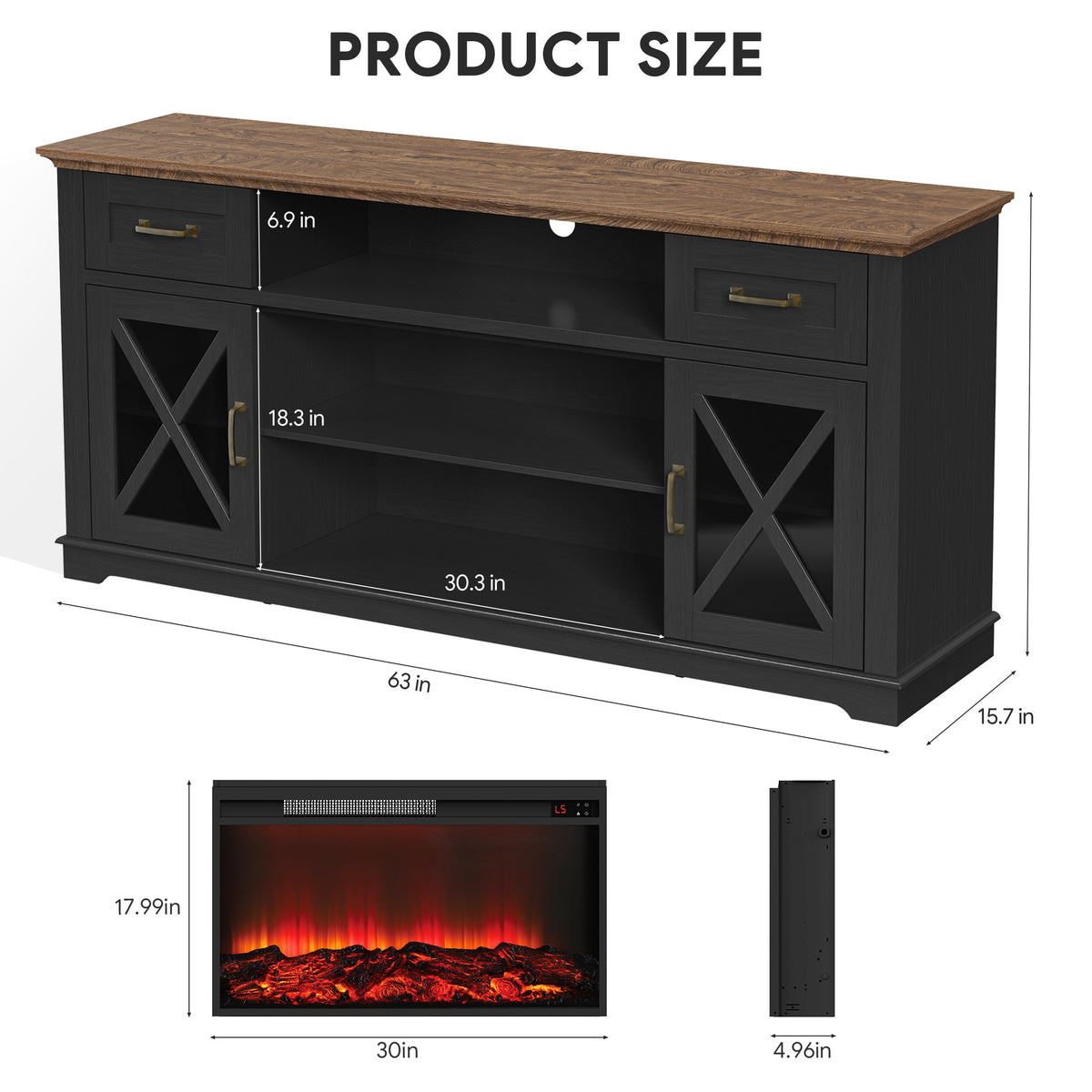 LEGAHOME White 63" Fireplace TV Stand for 70" TVs, Farmhouse Electric Entertainment Center with 30" Fireplace, 2 Drawers, 2-Glass Door, for Living Room, Bedroom, Brown Tabletop&White Caninet